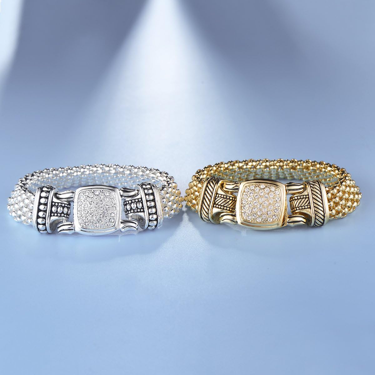 UNY Pave Crystal Bracelet Gold color 6.75 Inch Short Necklace 19 Inch Popcorn Chain