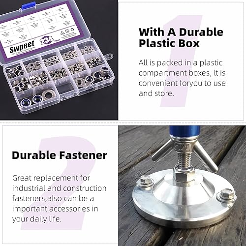 Vista 16 de Swpeet Juego surtido de 132 tuercas de seguridad y tuercas hexagonales SAE 304 de acero inoxidable 2 tipos, tuercas hexagonales de rosca gruesa