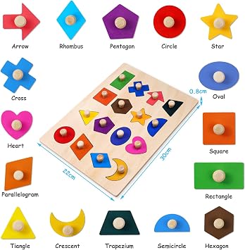 Wooden Shape Peg Puzzles, Peg Puzzle, Wooden Pegboard Puzzles with Knob