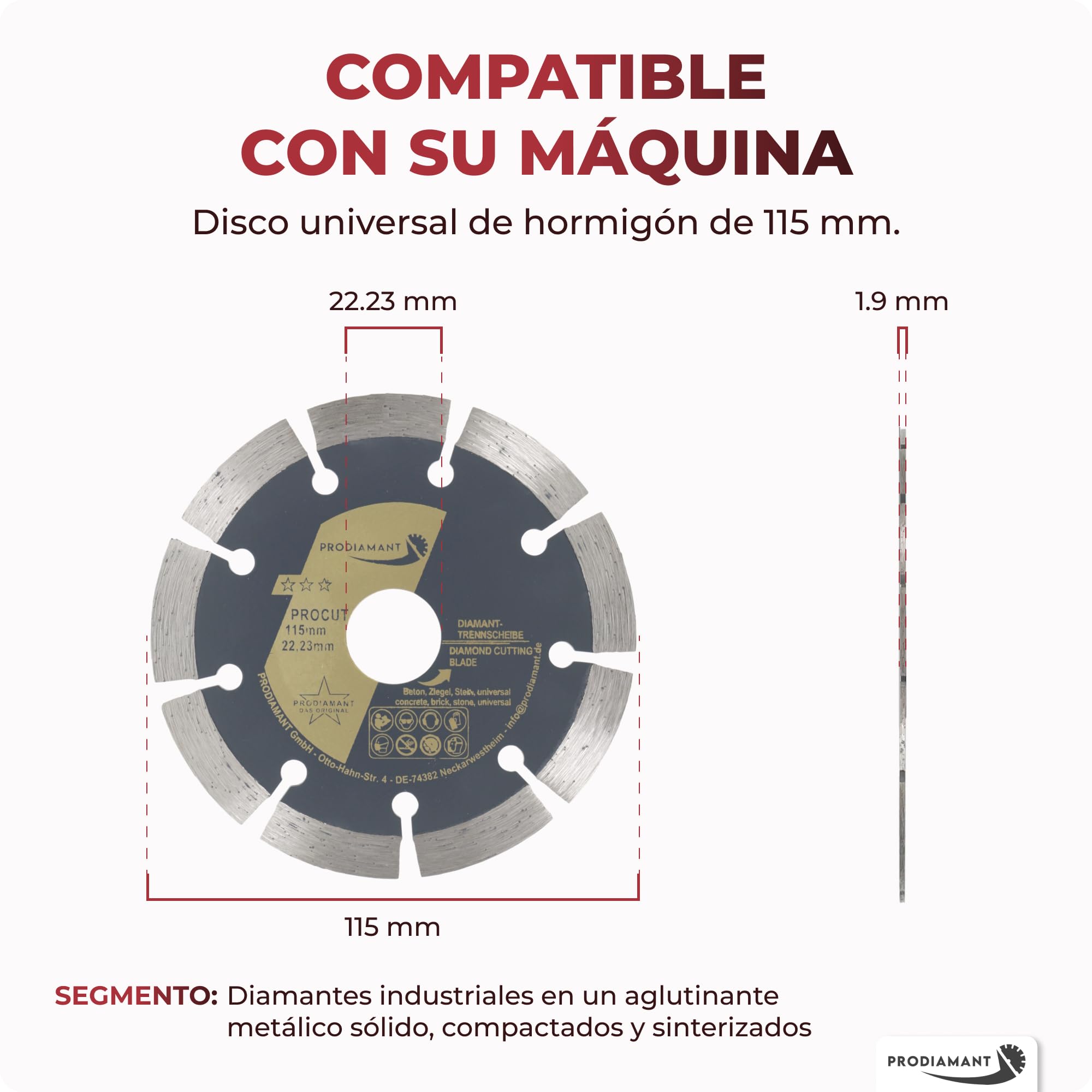 PRODIAMANT disco de corte de diamante universal 115 x 22,2 mm hormigón, piedra, ladrillo Disco de diamante 115mm segmento 10mm