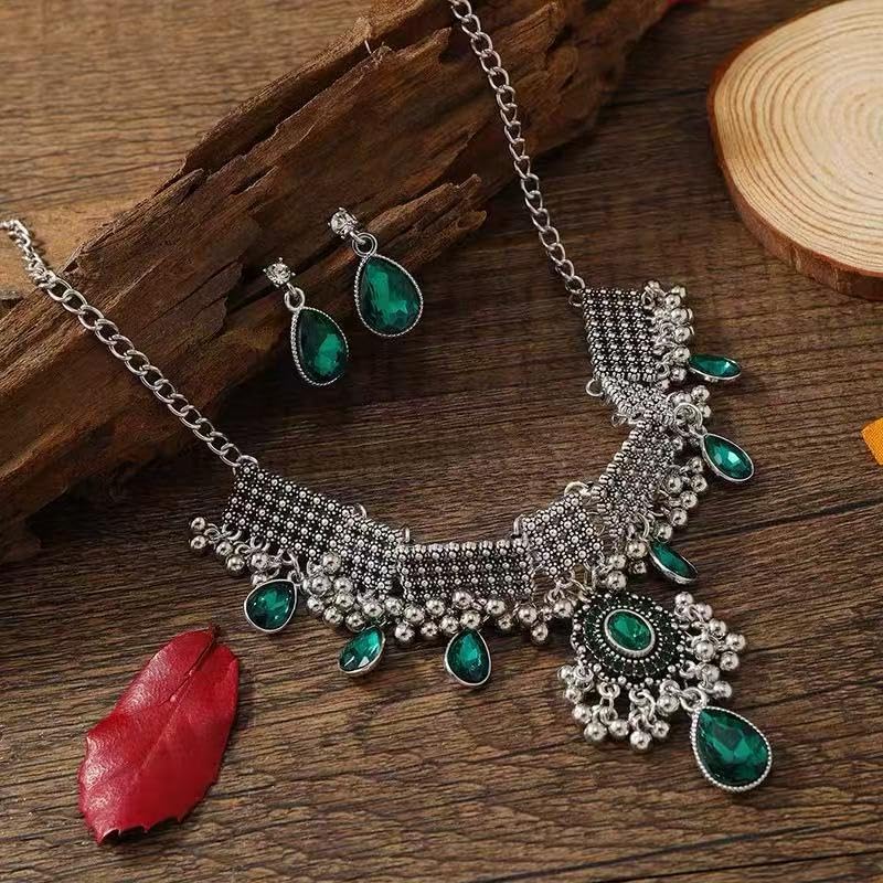 Vintage Indian Jhumka Jhumki Tassels Kundan Green Rhinestone Teardrop Necklace Earring Oxidized Silver Ethnic Jewelry Set for Women Crystal Traditional Bollywood Statement Bridal Wedding Prom Costume - Image 4