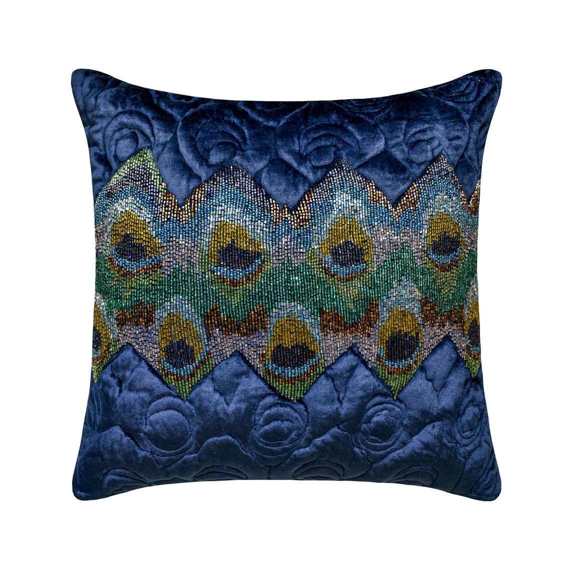 The HomeCentric Decorative Blue 65x65 cm (26"x26") Toss Euro Shams, Velvet Quilted, Bead Embroidery & Peacock Decor Toss Euro Shams, Floral Pattern Modern Style - Neelkanth — image 1