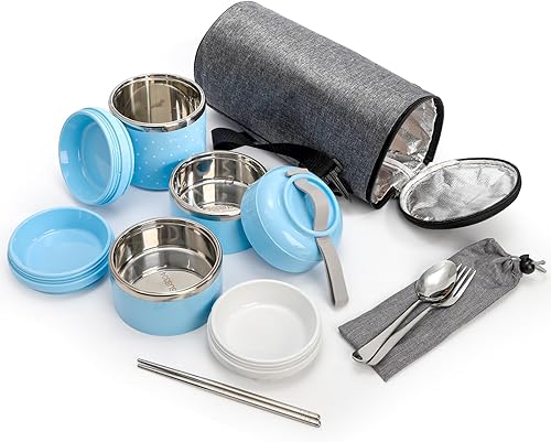 Miniatura 3 de Yopay Lonchera de acero inoxidable con aislamiento de 3 niveles, control de porciones, apilable para llevar, contenedor de almuerzo con bolsa