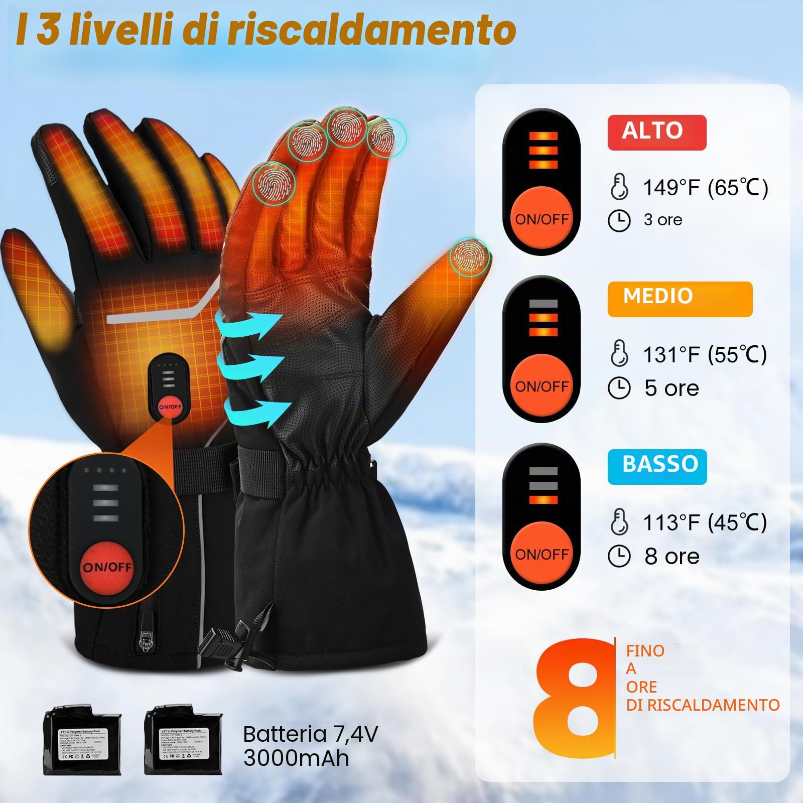 Guanti riscaldati 3 impostazioni di temperatura per uomo donna, guanti da lavoro riscaldati ricaricabili elettrici impermeabili e lavabili touchscreen riscaldati guanto per sci e motociclismo
