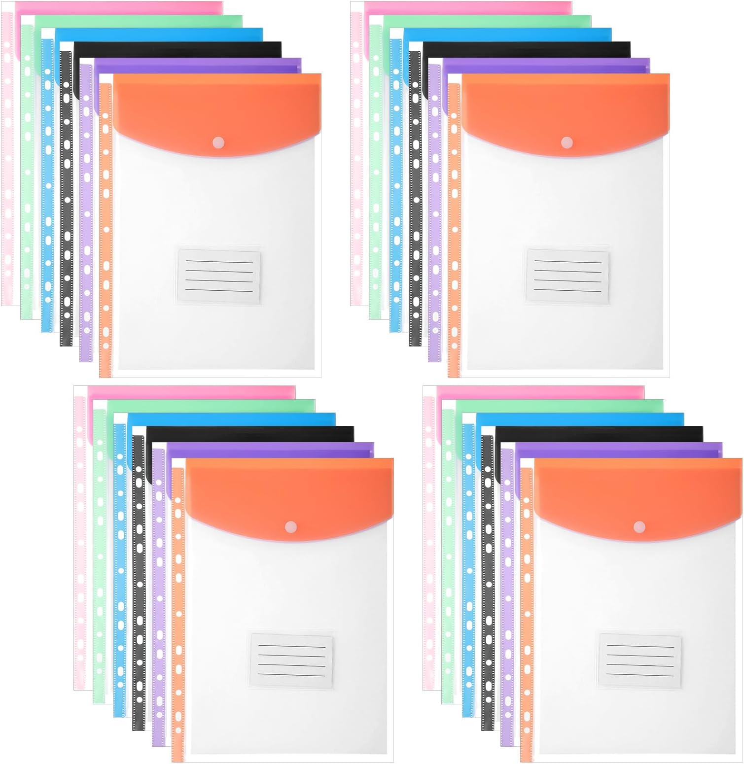 24 Pack Binder Pockets for 2/3/4 Ring Binder, Binders Folders with Snap Button and Label, Expandable Plastic Envelopes Binders Organizer Folders with 11 Holes for School Office Home