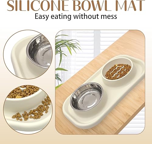 Miniatura 3 de BNOSDM Tazones de acero inoxidable con alfombrilla de silicona antiderrames, para comida y agua, comedero para mascotas para reducir la velocidad de