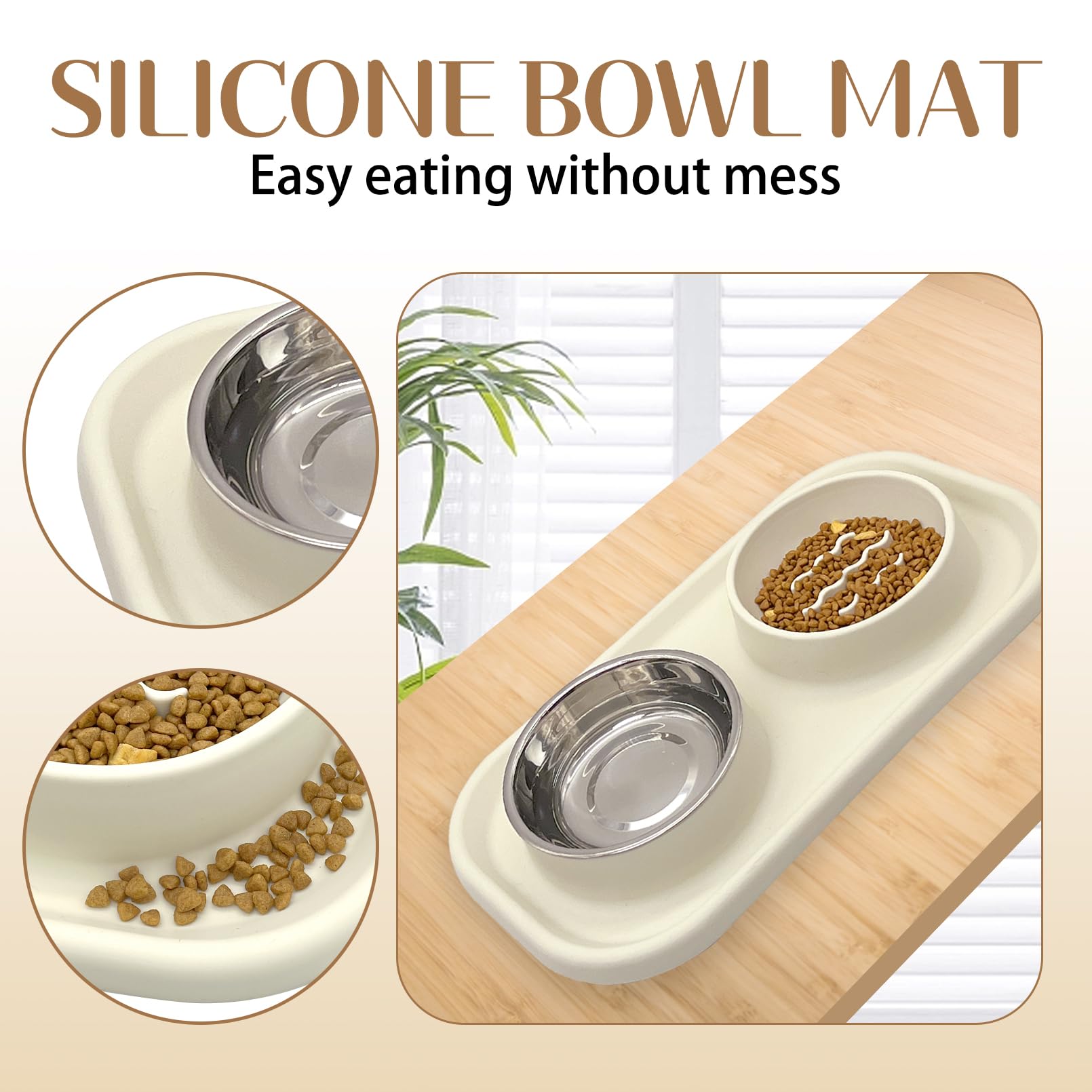 BNOSDM Comedero lento para perros y gatos, acero inoxidable con alfombrilla de silicona antiderrames, juego de cuencos de comida y agua para perros, comedero para mascotas para ralentizar la