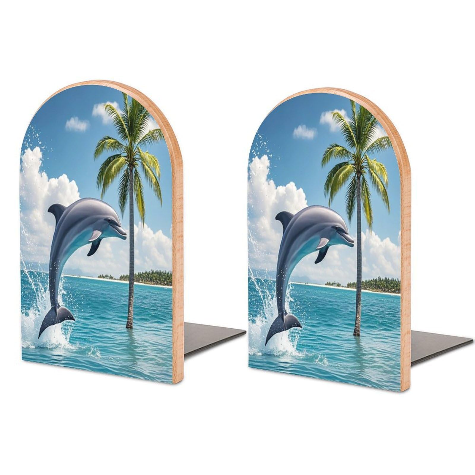 Dolphins and Palm Trees Bookend for Shelves Wooden Book End Sturdy Book Holders Stoppers with Metal Base for Bookshelves Slick Decorative Bookends Stands