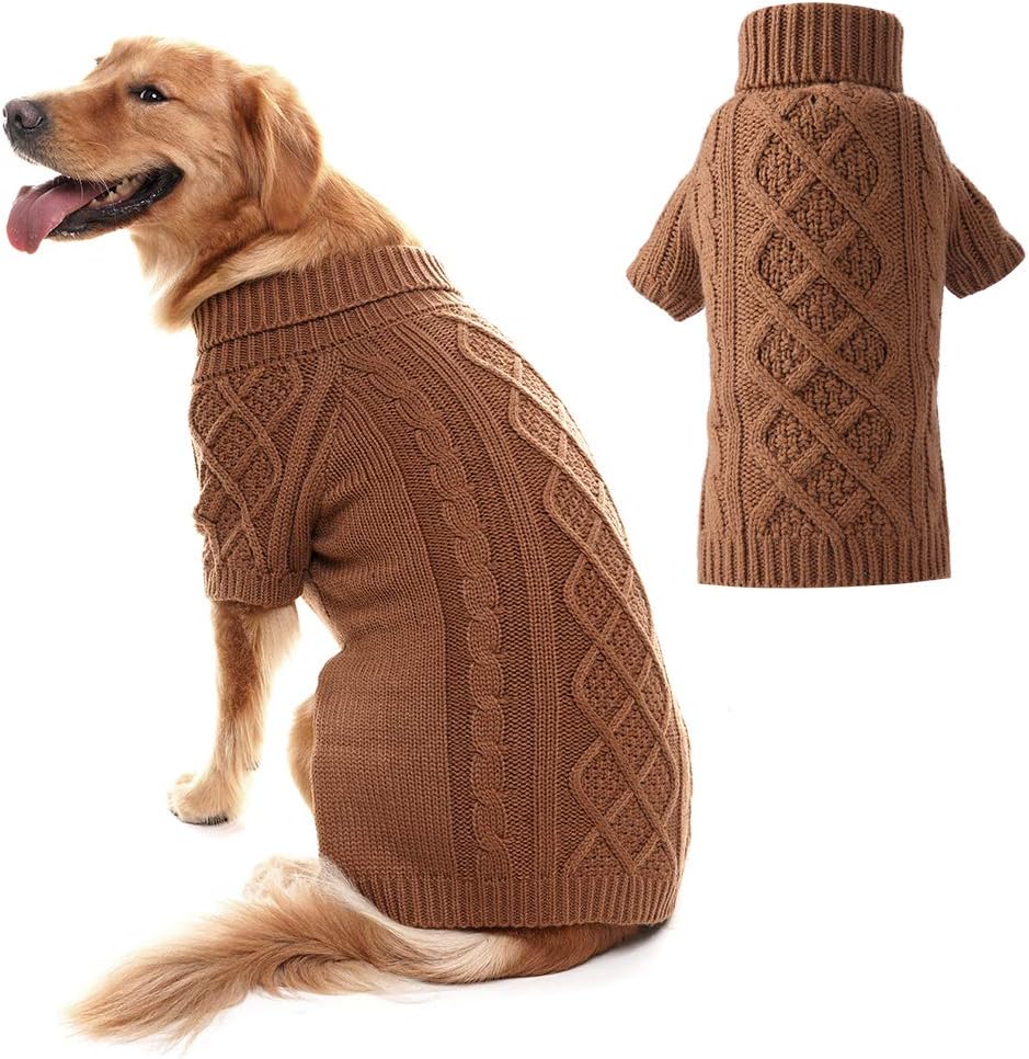 PUPTECK Classic Cable Knit Dog Sweater - Pet Turtleneck Coat Puppy Winter Clothes 2 Colors Brown S/M