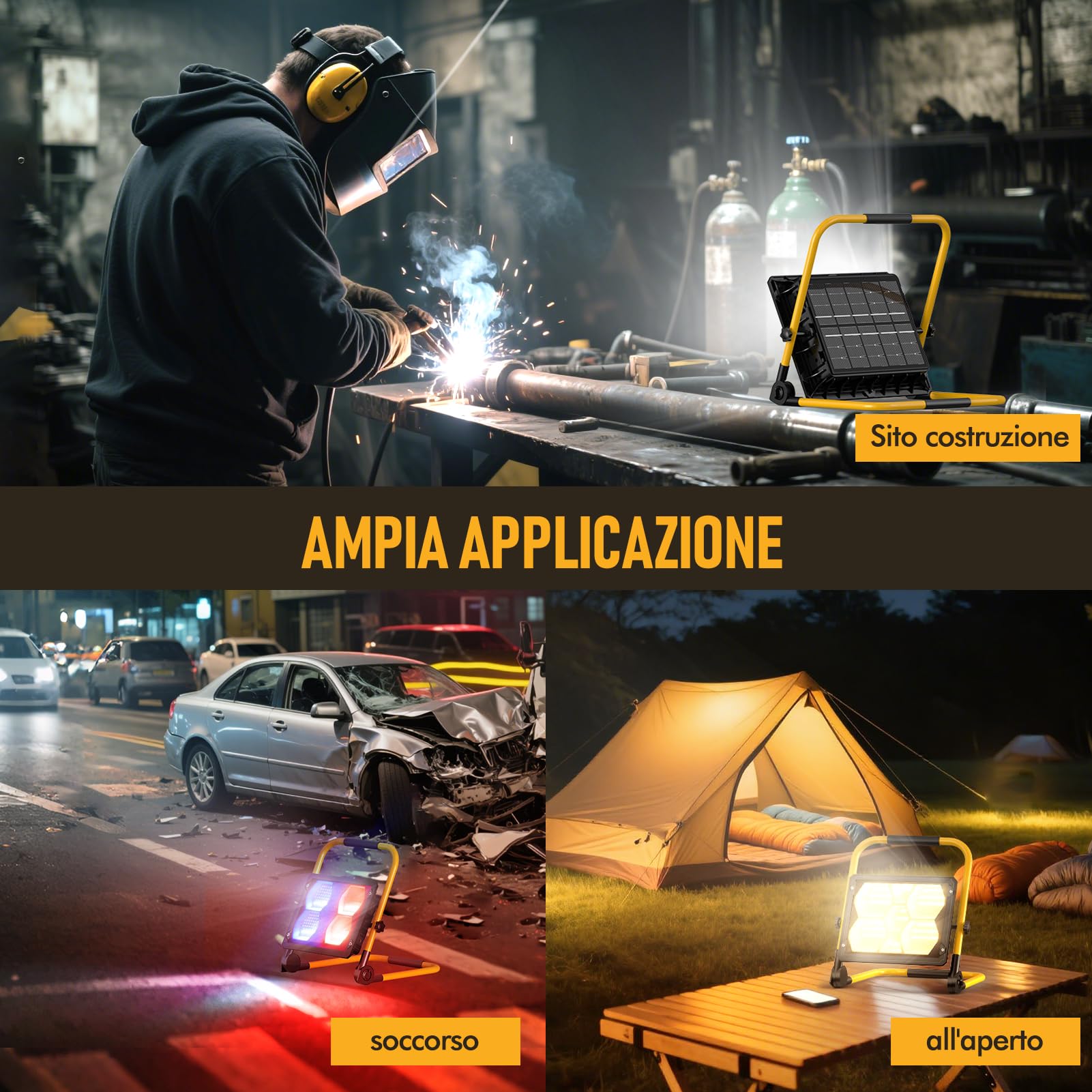 Viugreum150W-Faro Led Ricaricabile, 15000LM Faretto a Batteria con supporto, pannello solare/4 modalità di luce, IP66 impermeabile Faretto LED da costruzione Portatile perofficina, cantiere, campeggio