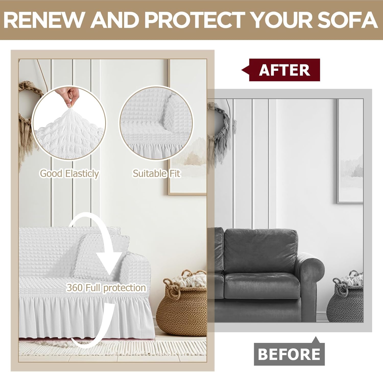 SmoothNovelty 1 Sofa Slipcover and 2 Pilllow Cover Set Sofa Couch Cover with Skirt Durable Washable High Elastic Stretchable Furniture Protector(Ivory,L)