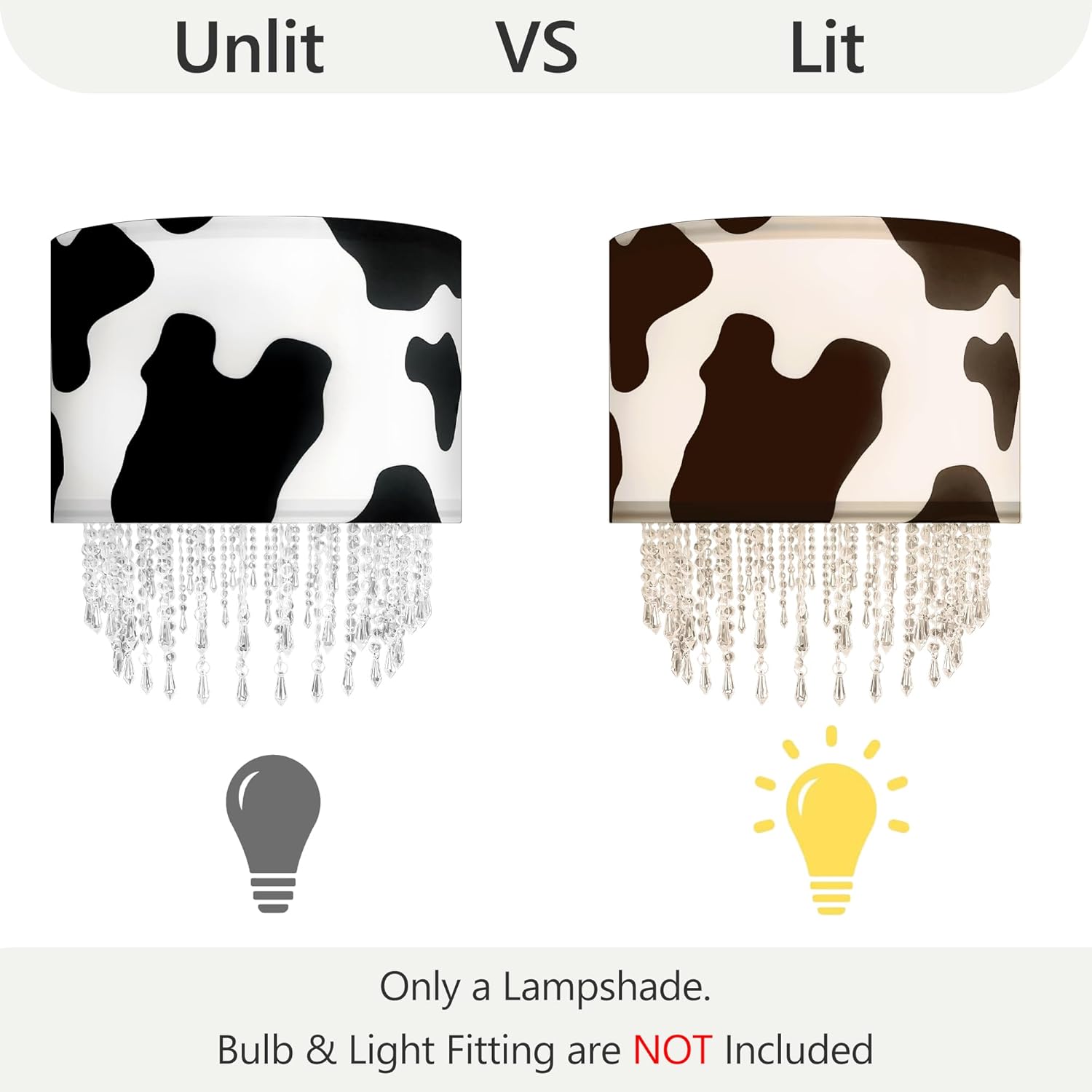 Black White Cow Print Lamp Shade with Acrylic Bead Droplets, Animal Drum Fabric Light Shade for Pendant Table & Floor Lamp, Cute Party Room Decor for Grandchild Kids Teens, 15.7in