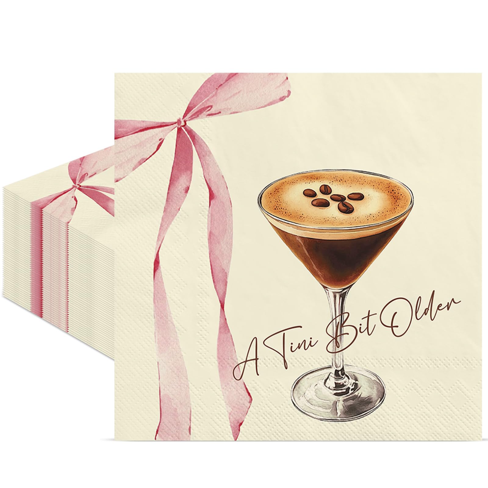 Honoson 100 Pcs A Tini Bit Older Espresso Martini Pink Bow Napkin Disposable Bow Birthday Cocktail Napkin Lunch Tabletop Decoration for Bachelor