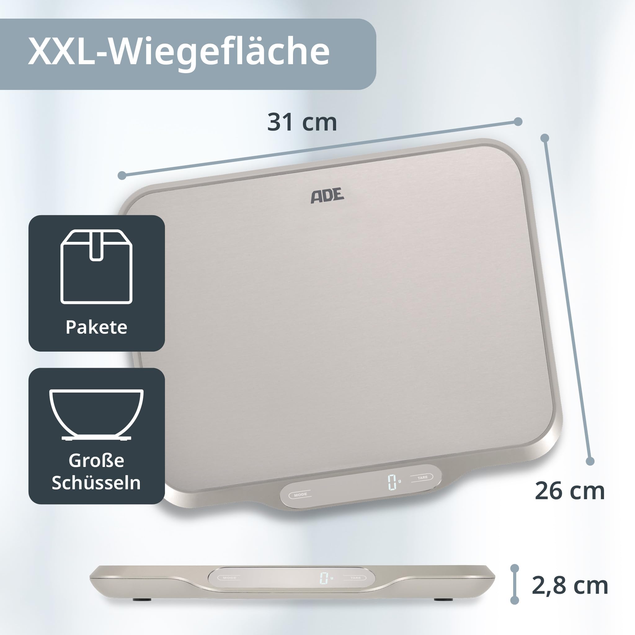 ADE Extra große Küchenwaage digital bis 15kg | Küchenwaage große Wiegefläche 26x31 cm | perfekt als Kuchenwaage, Paketwaage, Fleischwaage