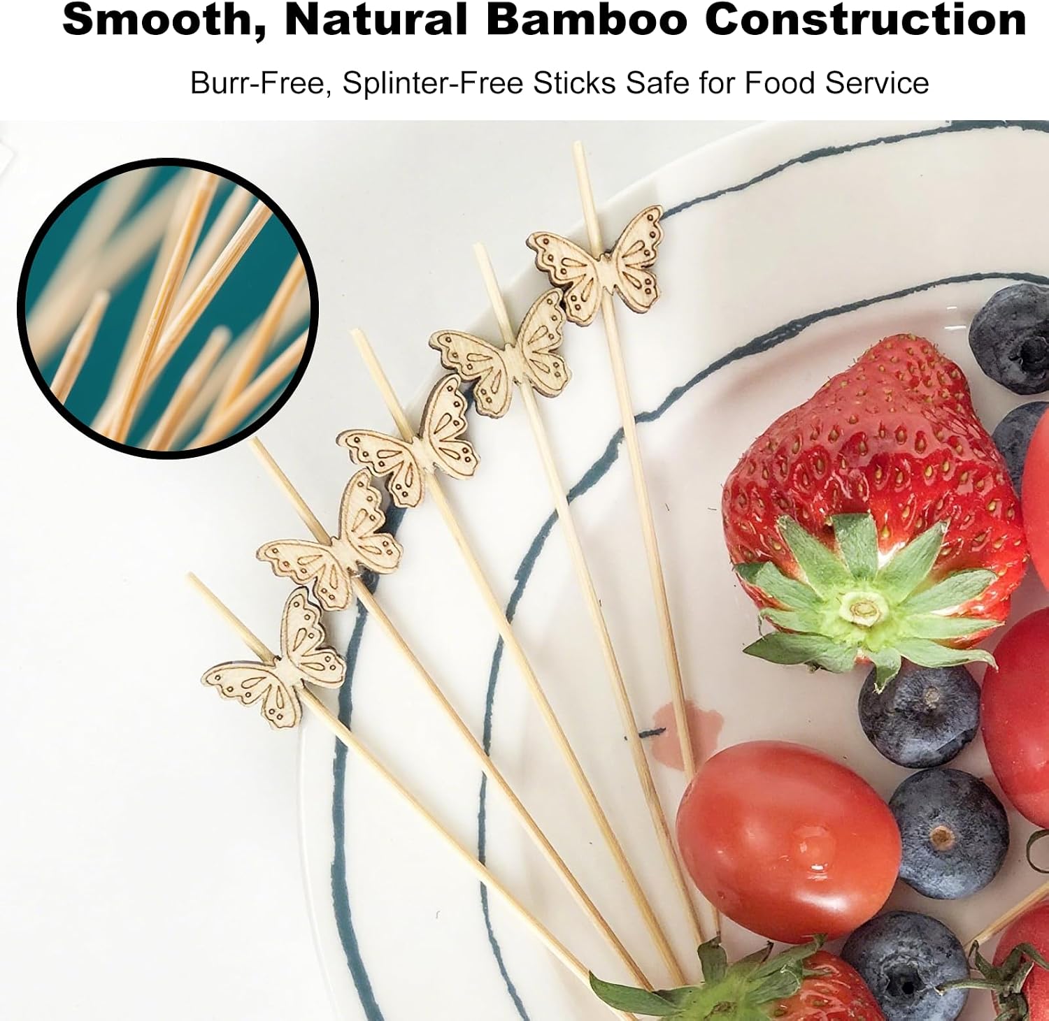 100PCS Bamboo Cocktail Picks with Butterfly Decorations Toothpicks and Stirrers for Appetizers Fruit Sandwich Garnish Party Food Sticks Cute Skewers Palillos para Fruta Decorations