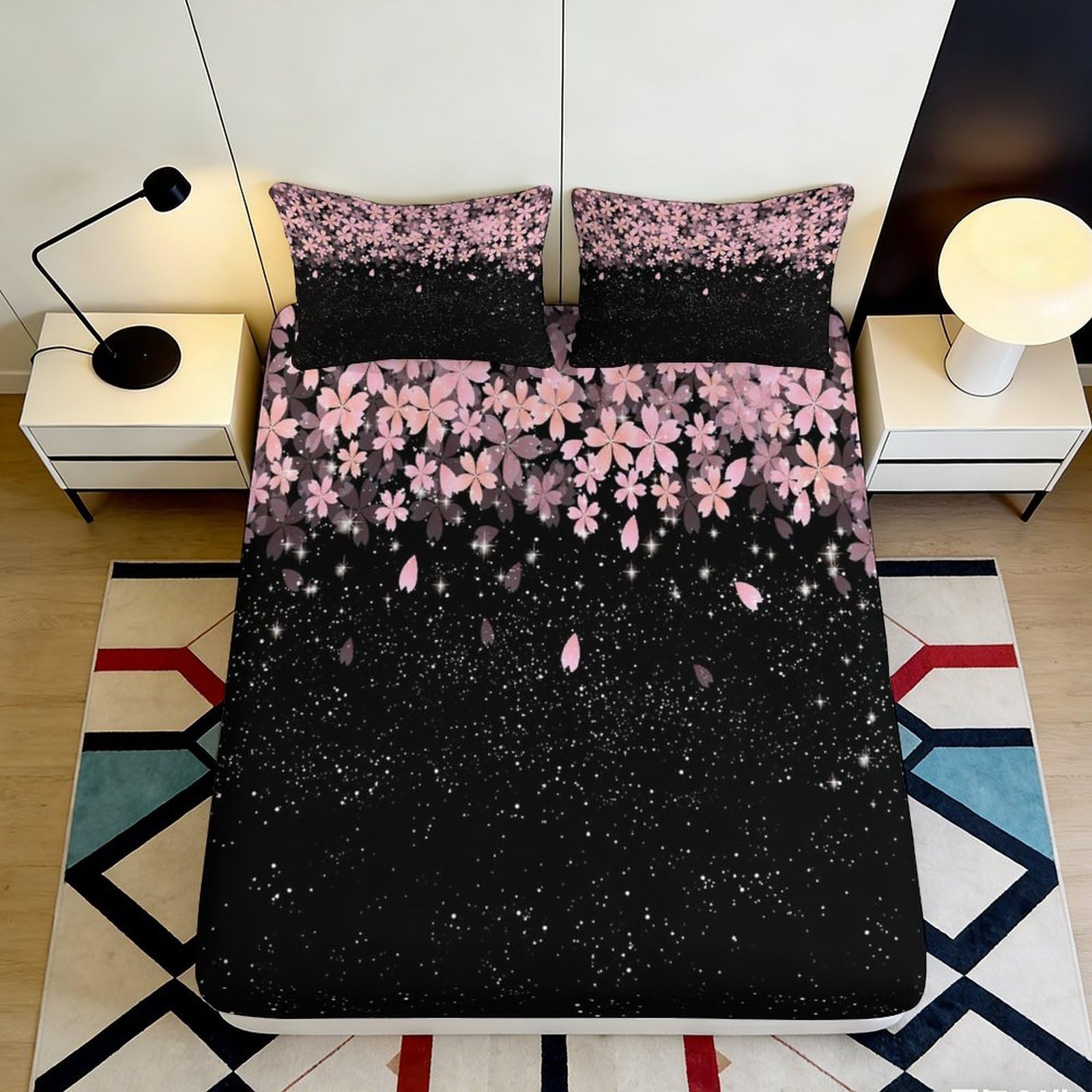 3D Printed Sakura Blossom Fitted Sheet Microfiber Soft Breathable Night Sky Mattress Cover for Bedroom Dorm Decor 140x200x25cm