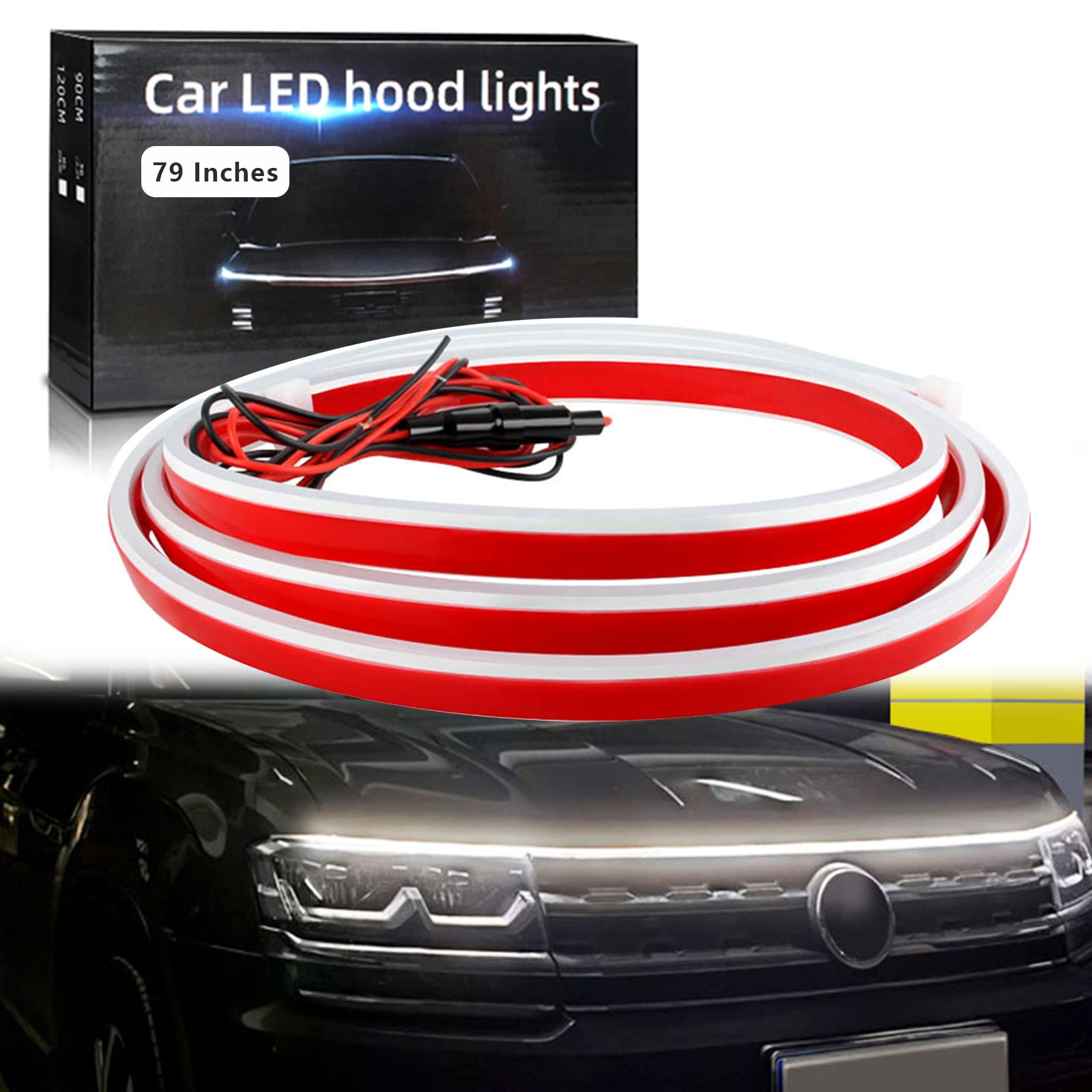 Car Hood Light Strip White Exterior Car LED Strip Lights for Hood Flexible Waterproof Dynamic Scan DC12V Daytime Running Lights for Cars, SUVs, Trucks, 2.0M (LG04-79 Inches-White)