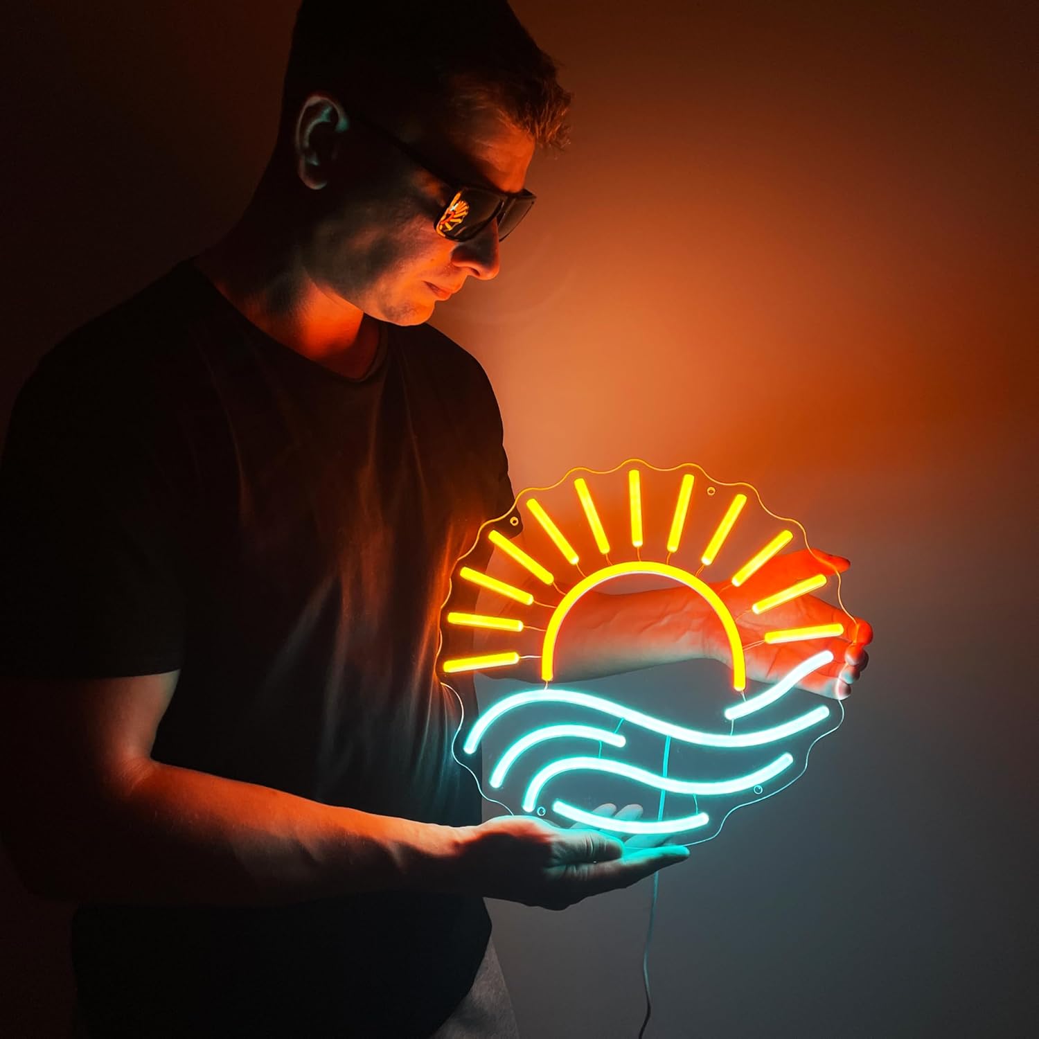 OCEAN SUNSET Light-Up Neon Sign (12.6x13.8in)(USB) – Beach Waves & Sun Neon Light | LED Neon Light Room Wall Mount and Free Standing Table Decor | Creates a Aarm and Atmospheric Lighting