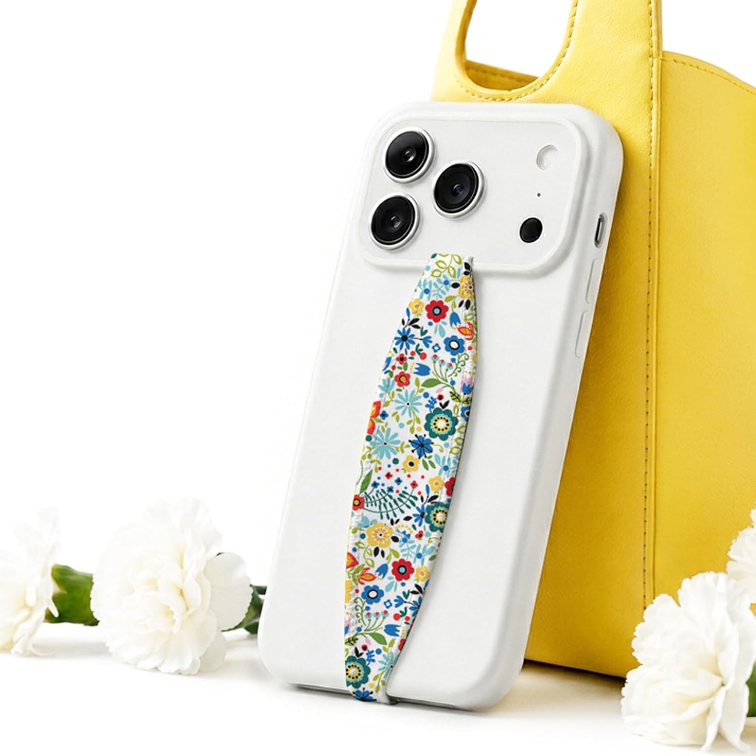 Switchbands Floral Phone Grip Strap – Reversible Flower Phone Holder for Hand, Anti-Drop Elastic Strap, No Adhesive, Wireless Charging Safe, Universal Fit - Yellow & Colorful Wallpaper