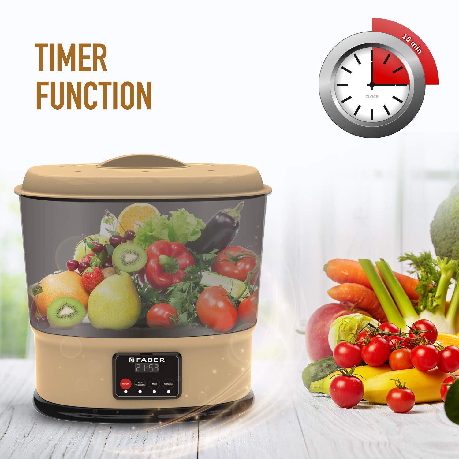 Faber Oxypure Ozonizer with a clock icon indicating 15-minute timer function