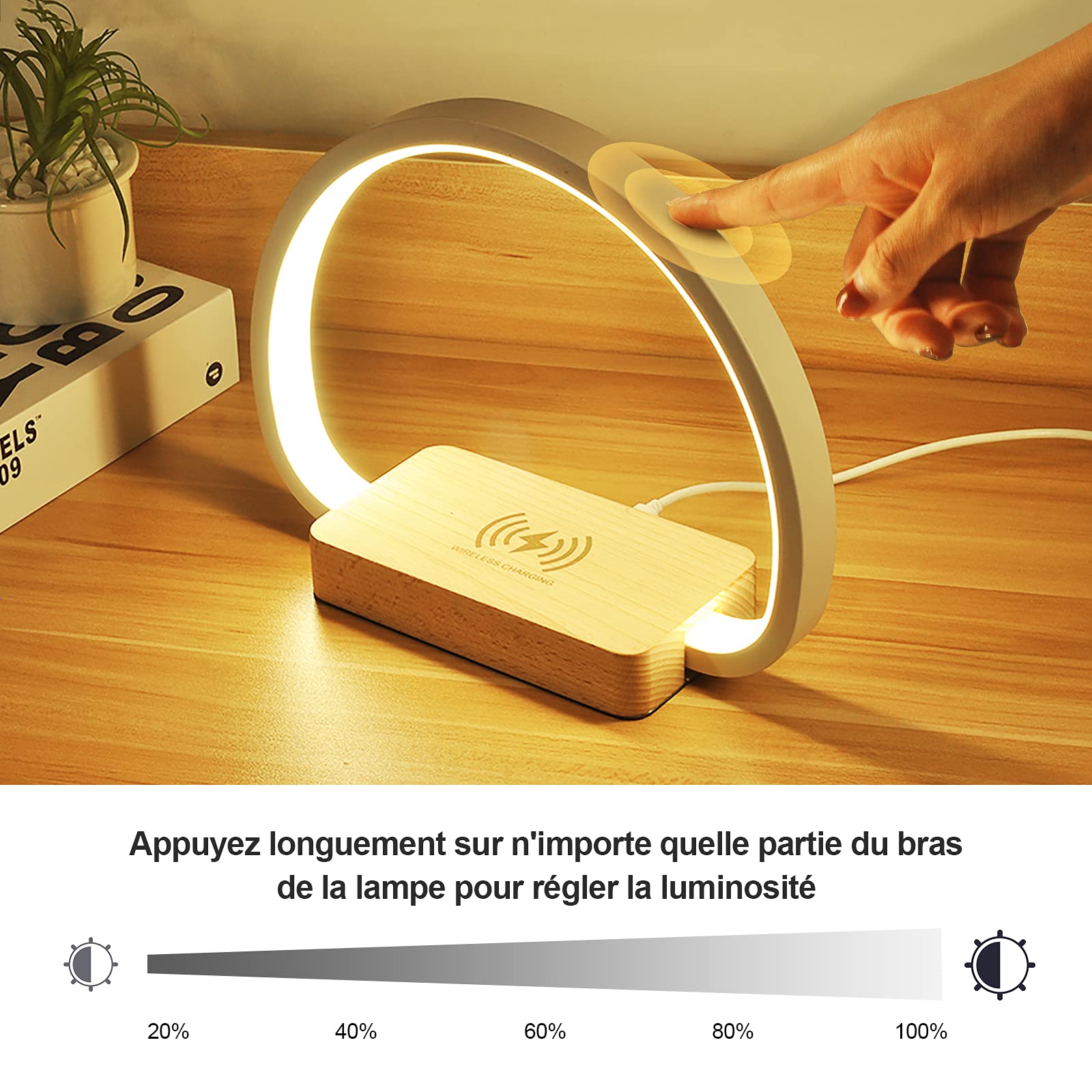 Lámpara de noche con cargador inalámbrico, lámpara de mesa táctil con puerto USB, lámpara de escritorio LED con 3 niveles de luminosidad y escalada continua para lectura, salón, oficina