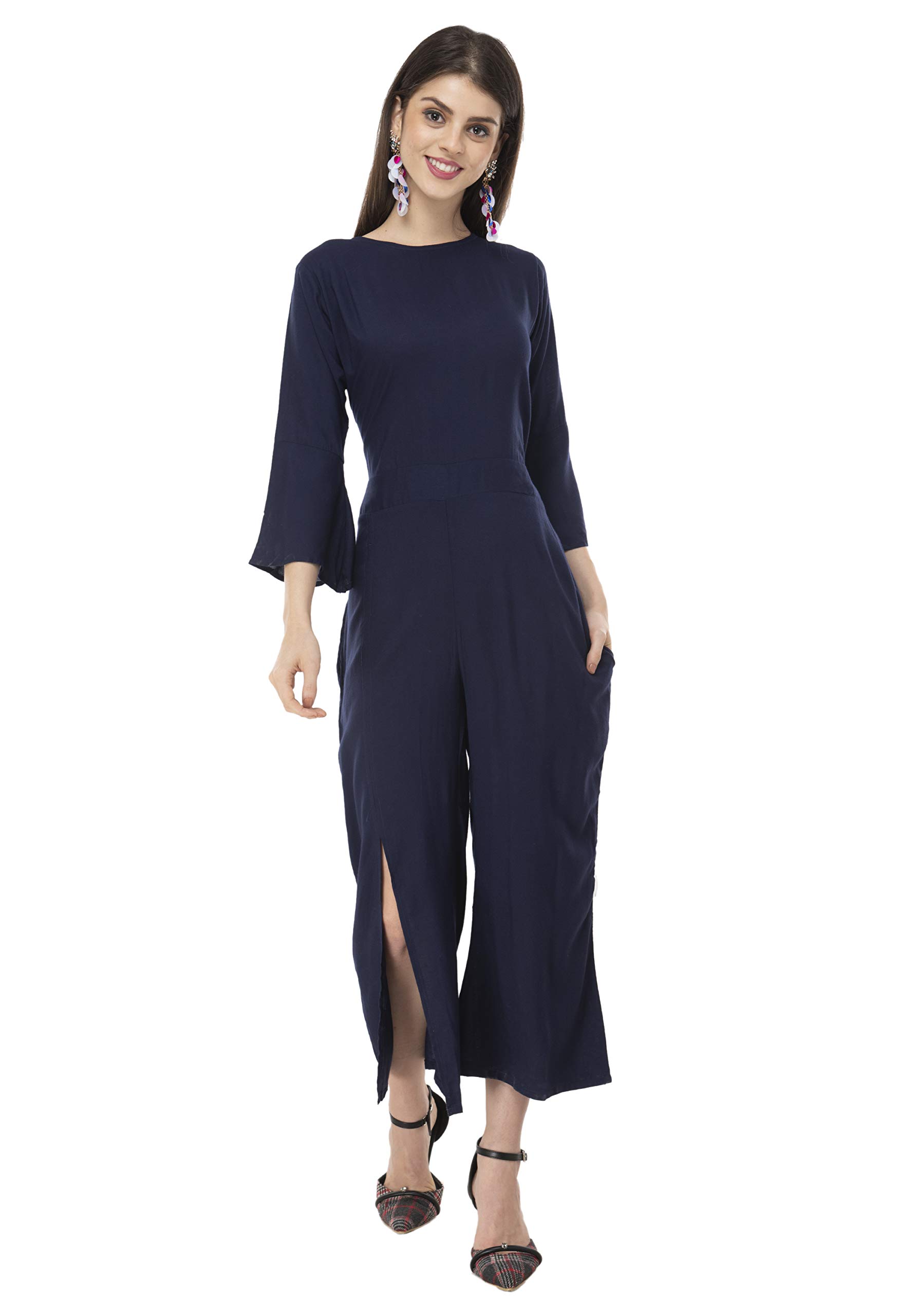 Milkyway Women's Rayon Navy Solid Bell Sleeve Jumpsuit