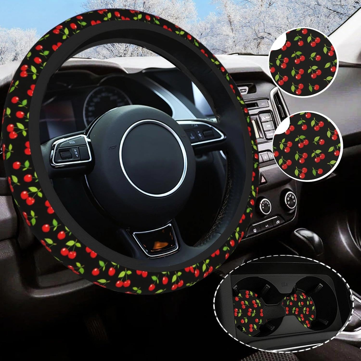 Checkered Steering Wheel Cover Universal 14.5-15 Inch Non-Slip Black and White Car Accessories for Women Men