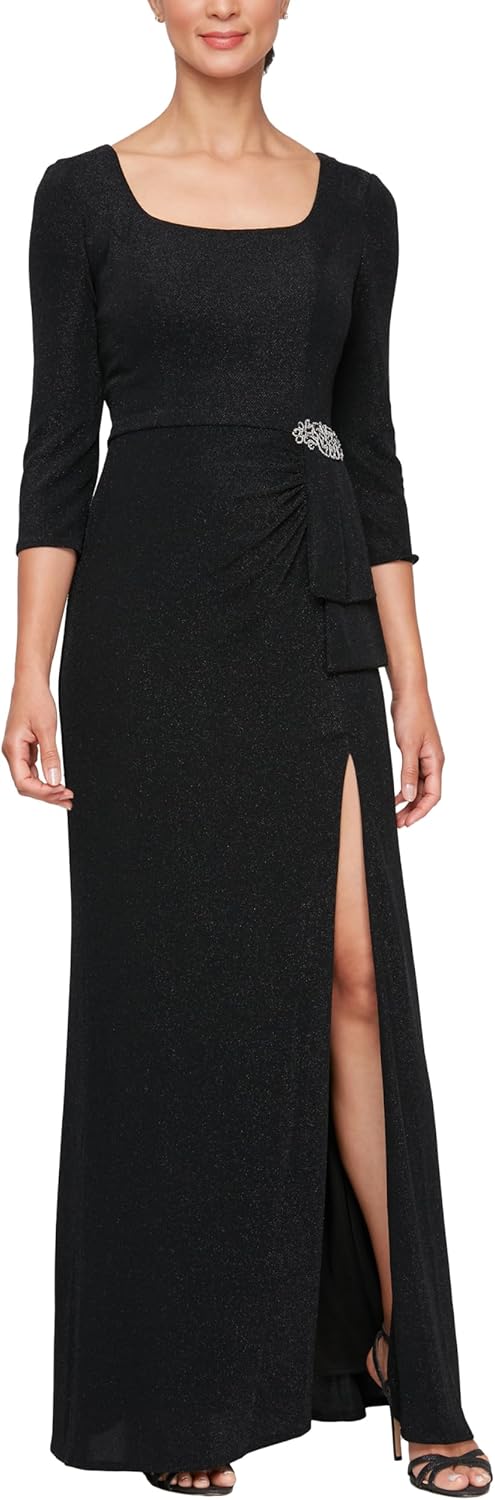 Alex Evenings Womens Long Metallic 3/4 Sleeve Mother of The Bride Gown with Square Neck & Side Slit, Formal Dress