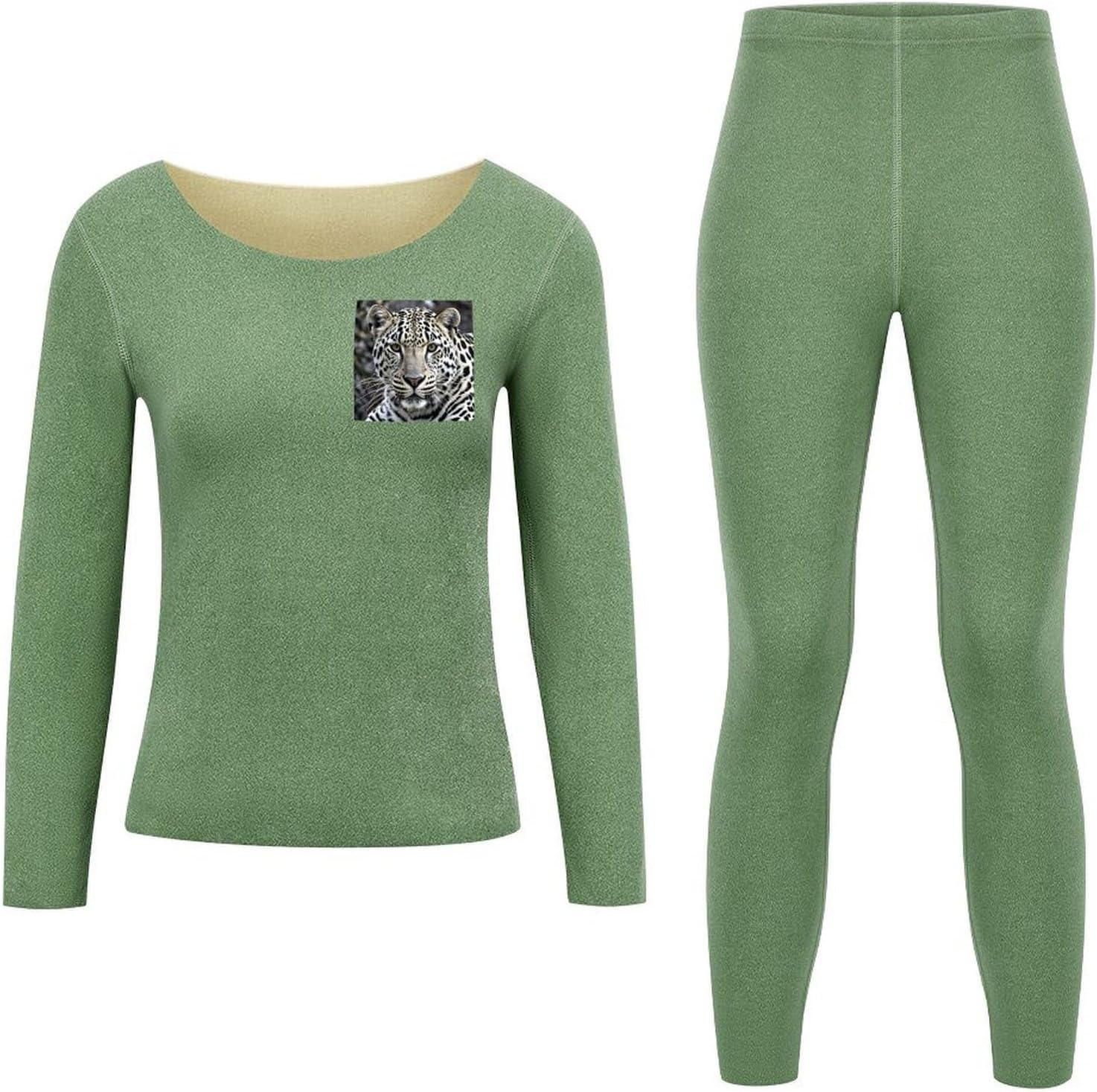 Women's Black And White Leopard Face Thermal Underwear Set Soft Long Johns Base Layer Top & Bottom for Cold Weather