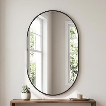 BEAUTYPEAK Wall Mounted Mirror, 16"x24" Oval Bathroom Mirror with Metal Frame, Vertical & Horizontal Hang, Ideal for Bedroom, Entryway, Living Room, Black