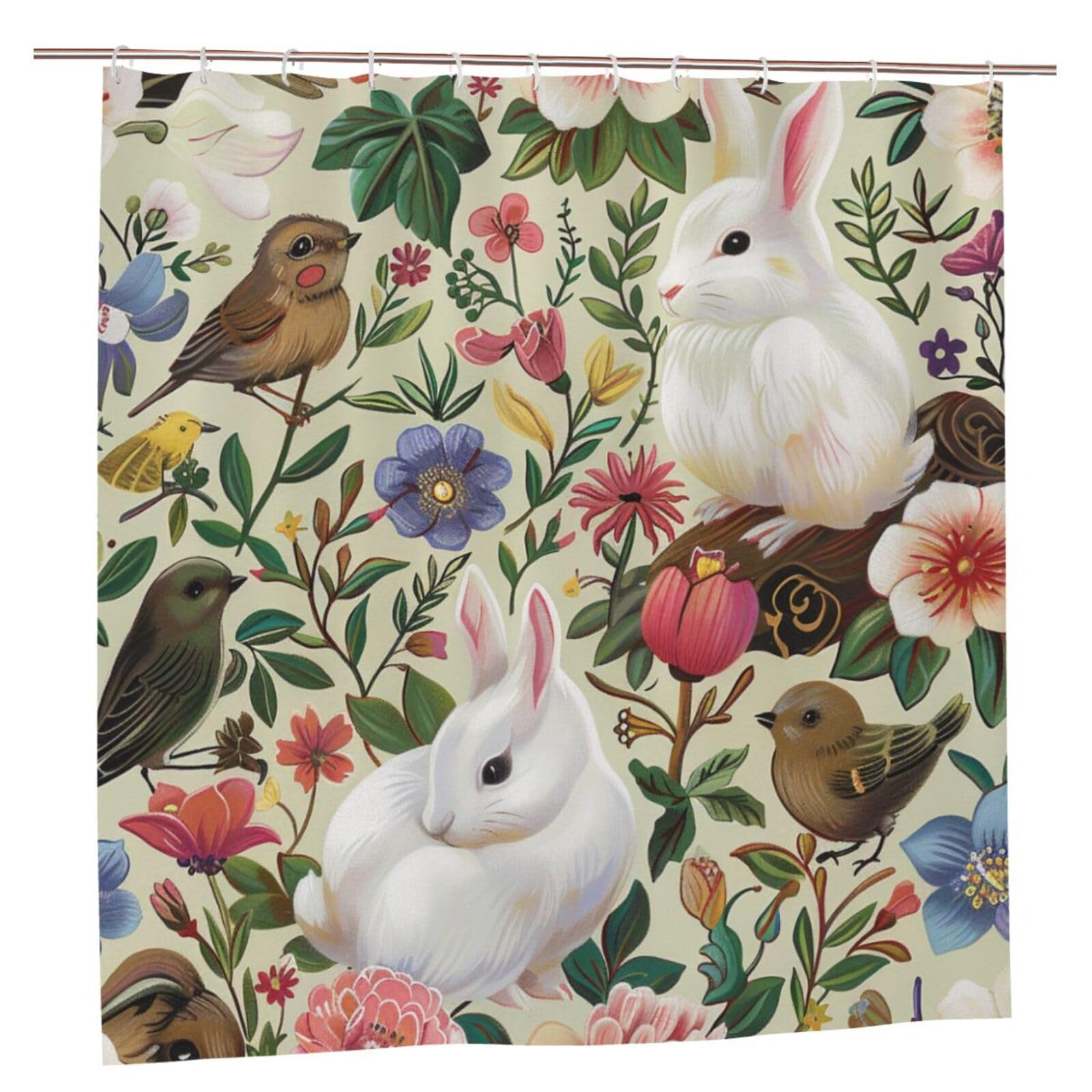 BWWHCCTI Flowers Bunnies Birds Printed Shower Curtain With 12 Plastic Hooks Opaque Quick Drying Waterproof Shower Curtains Sets For Bathroom 183x183 CM