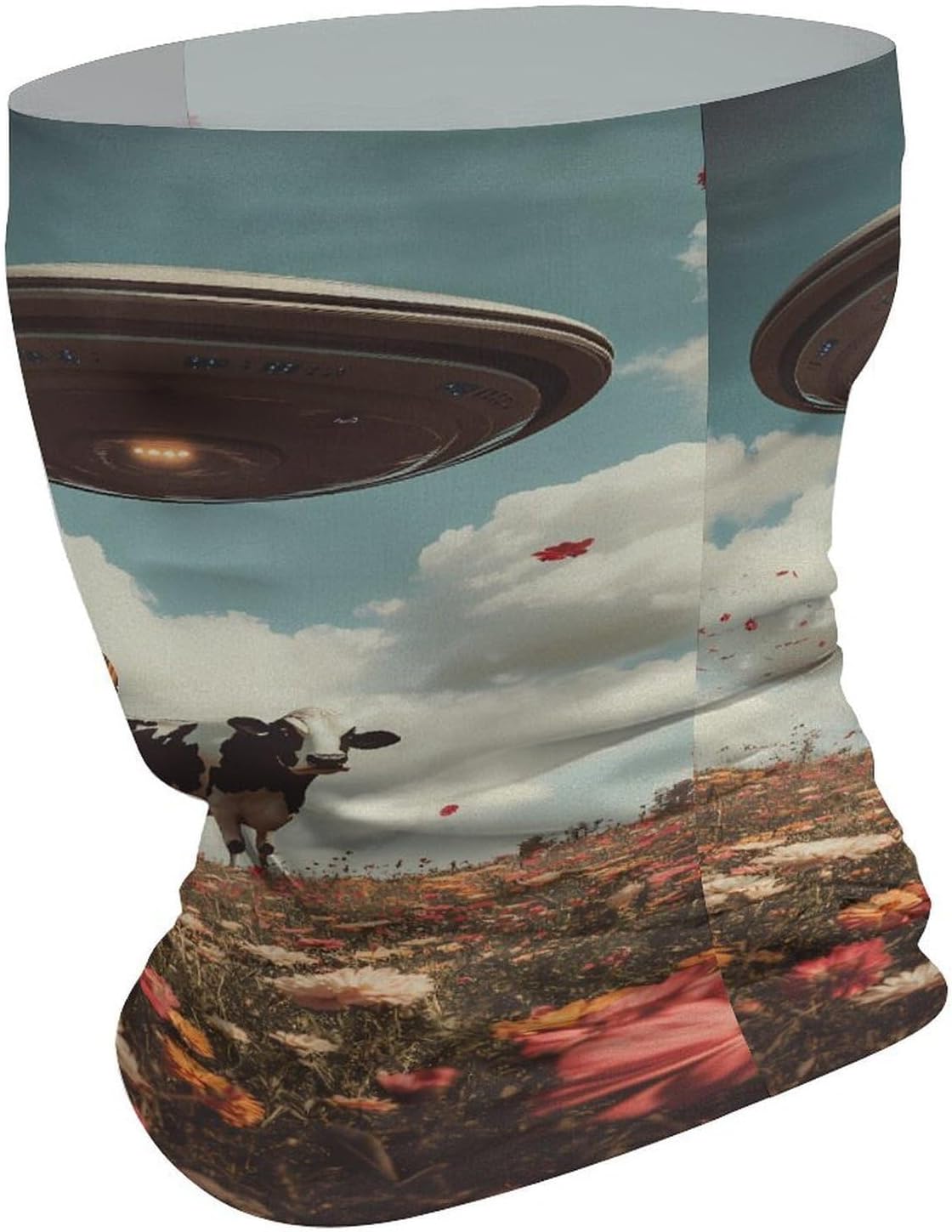Spaceship Cow Flying Over Flower Fields Neck Gaiter Windproof Face Mask Bandanas for Men Women Cold Weather Scarf