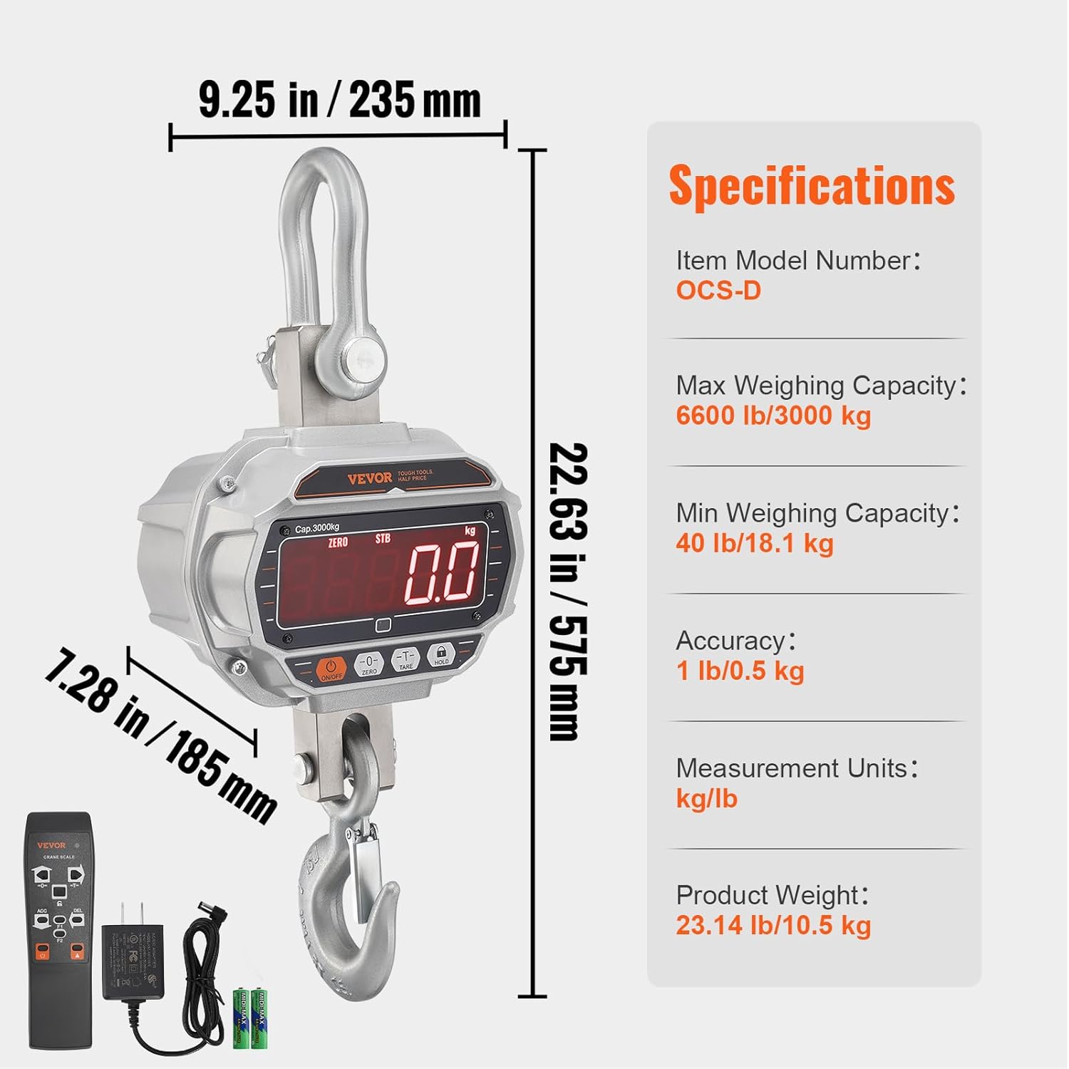 VEVOR OCS-D Crane Scale Dimensions and Specifications