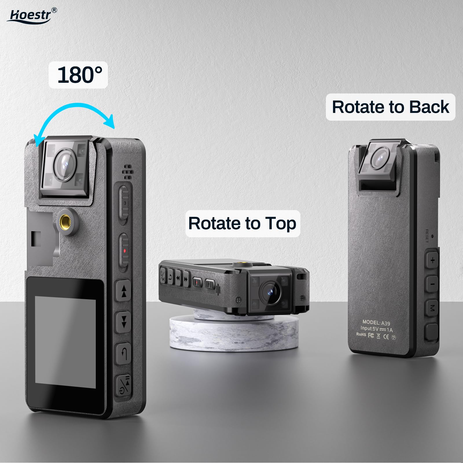 Caméra Corporelle avec Batterie 3000mAh, Caméra de Corps 55GB avec Objectif Rotatif 180° et 2 Clips Robustes