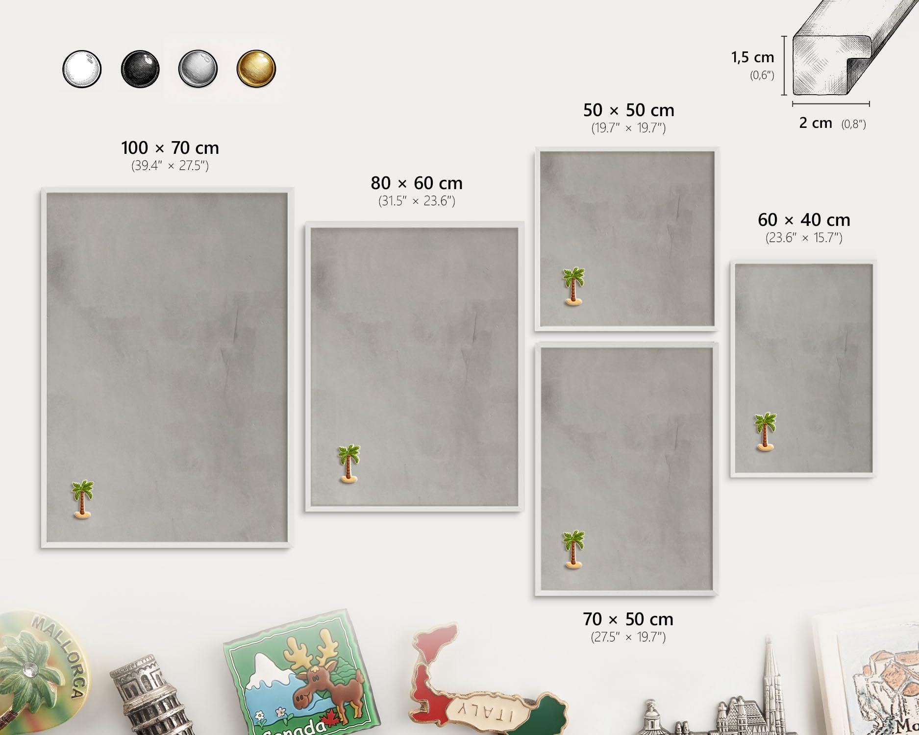 Tablero Imanes de Viaje 60x40 cm | Marco Blanco | Fondo gris | Montaje Vertical y Horizontal | para Casa, Cocina y Oficina | Decoración de Pared | Superficie Metálica
