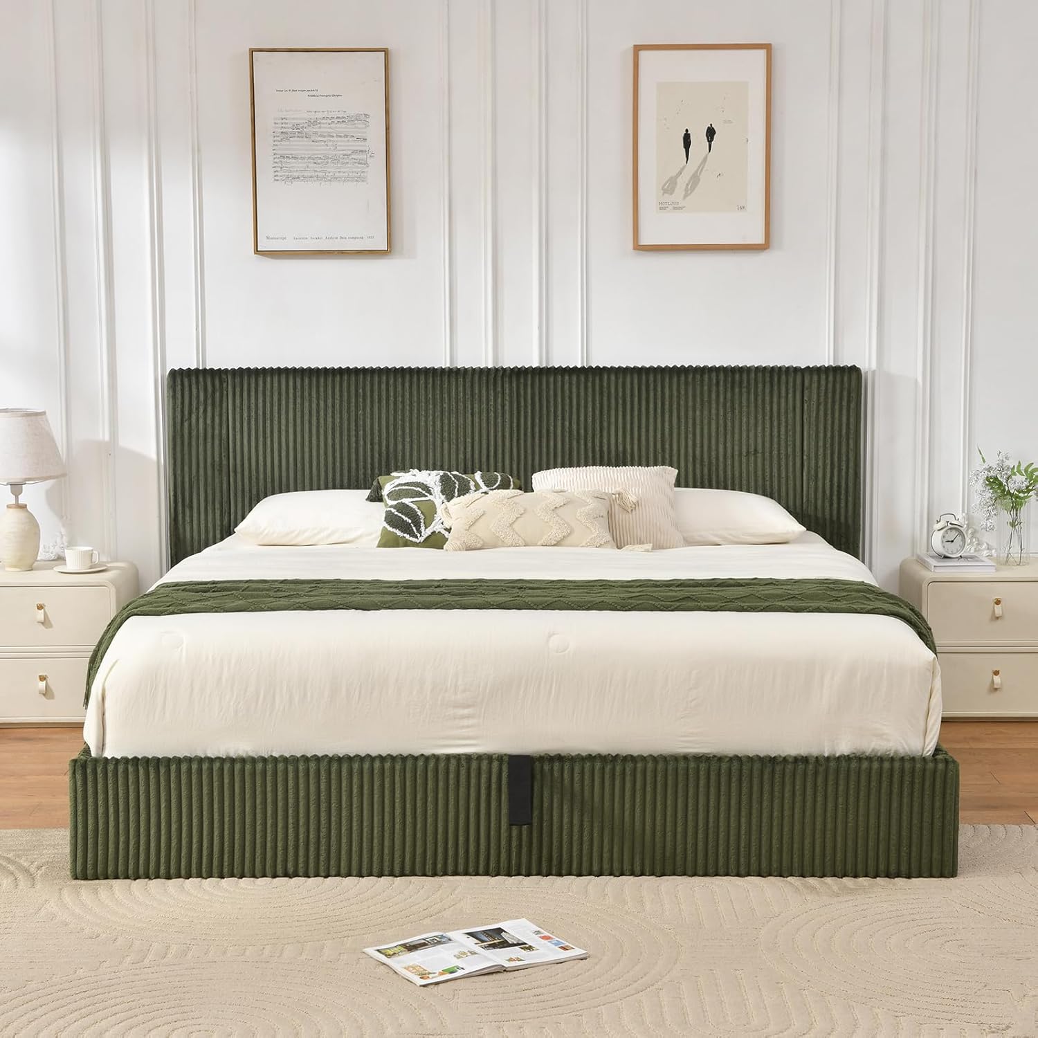 YUHUASHI King Size Storage Bed Frame, Vertical Striped headboard with Delicate Velvet Fabric, Hydraulic Lift for Storage, no Box Spring Needed, no Noise (Green, King (U.S. Standard))