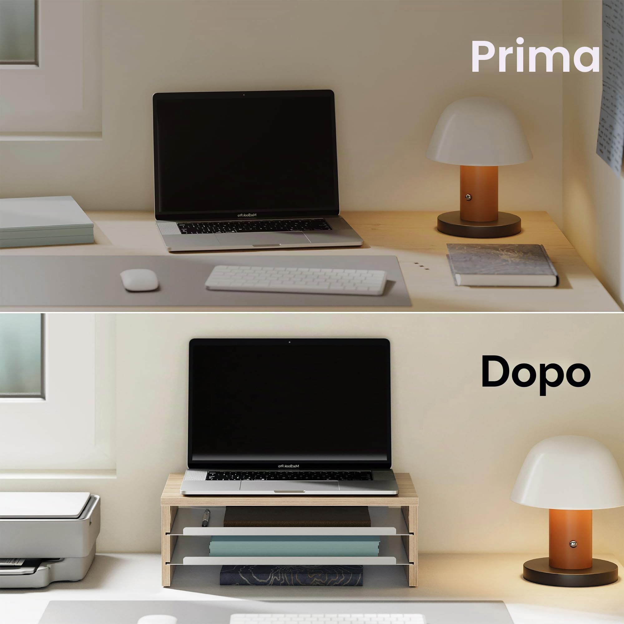 Fenge Supporto Monitor Scrivania, Rialzo per Monitor con 2 Vassoi, Legno e Metallo, Organizer da Scrivania per Casa e Ufficio, Computer, Laptop, Stampante, Telefono, TV, 36,4x23,5x13,4 cm (Rovere)