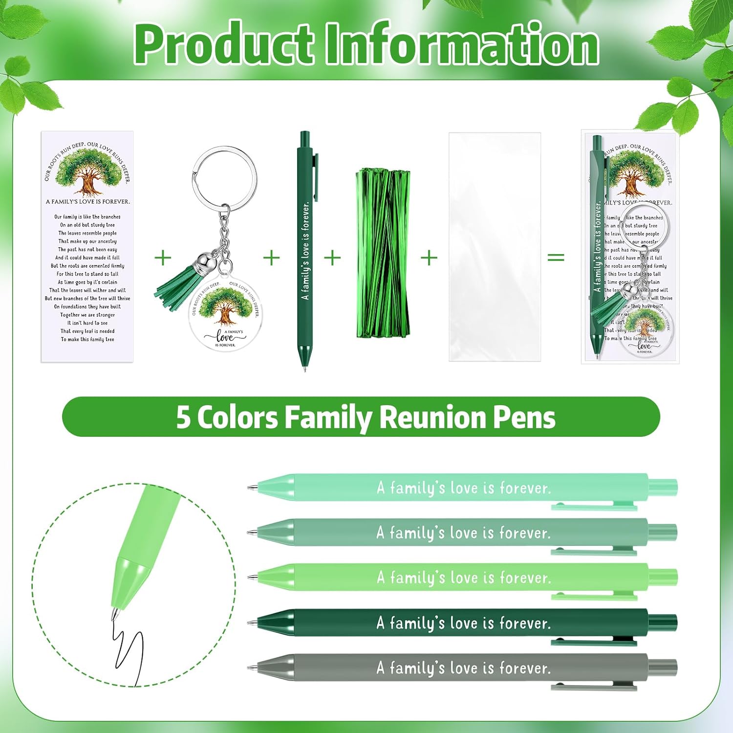Sayglossy 60 Sets Family Reunion Favors Retractable Ballpoint Pen and Tree Acrylic Keychains with Tassels Cards and Gift Bag Bulk Family Reunion Gifts for Party Guest