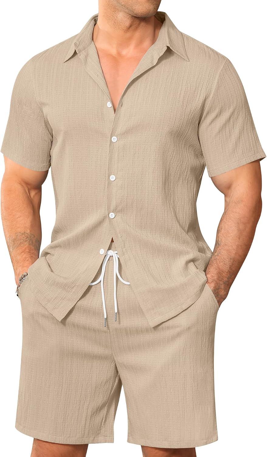 LecGee Men's 2 Piece Textured Outfits Short Sleeve Button Down Shirt and Shorts Outfits Casual Summer Beach for Men