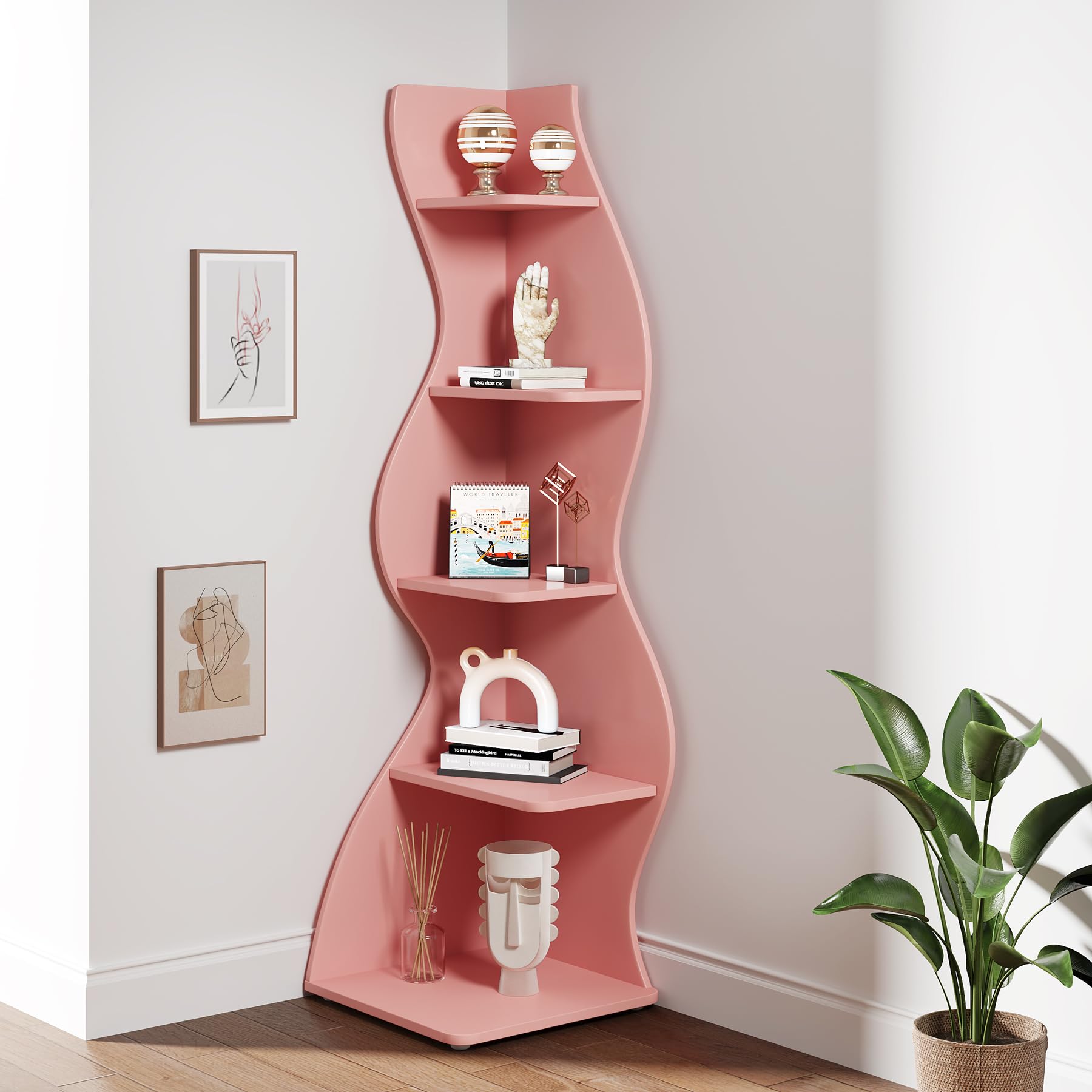 Tribesigns Eckregal, 178 cm hoch, Lagerregal, Bücherregal, Pflanzenständer, Organizer-Einheit, 5 Stufen, Modern, für Zuhause, Büro, Wohnzimmer, Schlafzimmer, Balkon, Rosa, 1 Stück