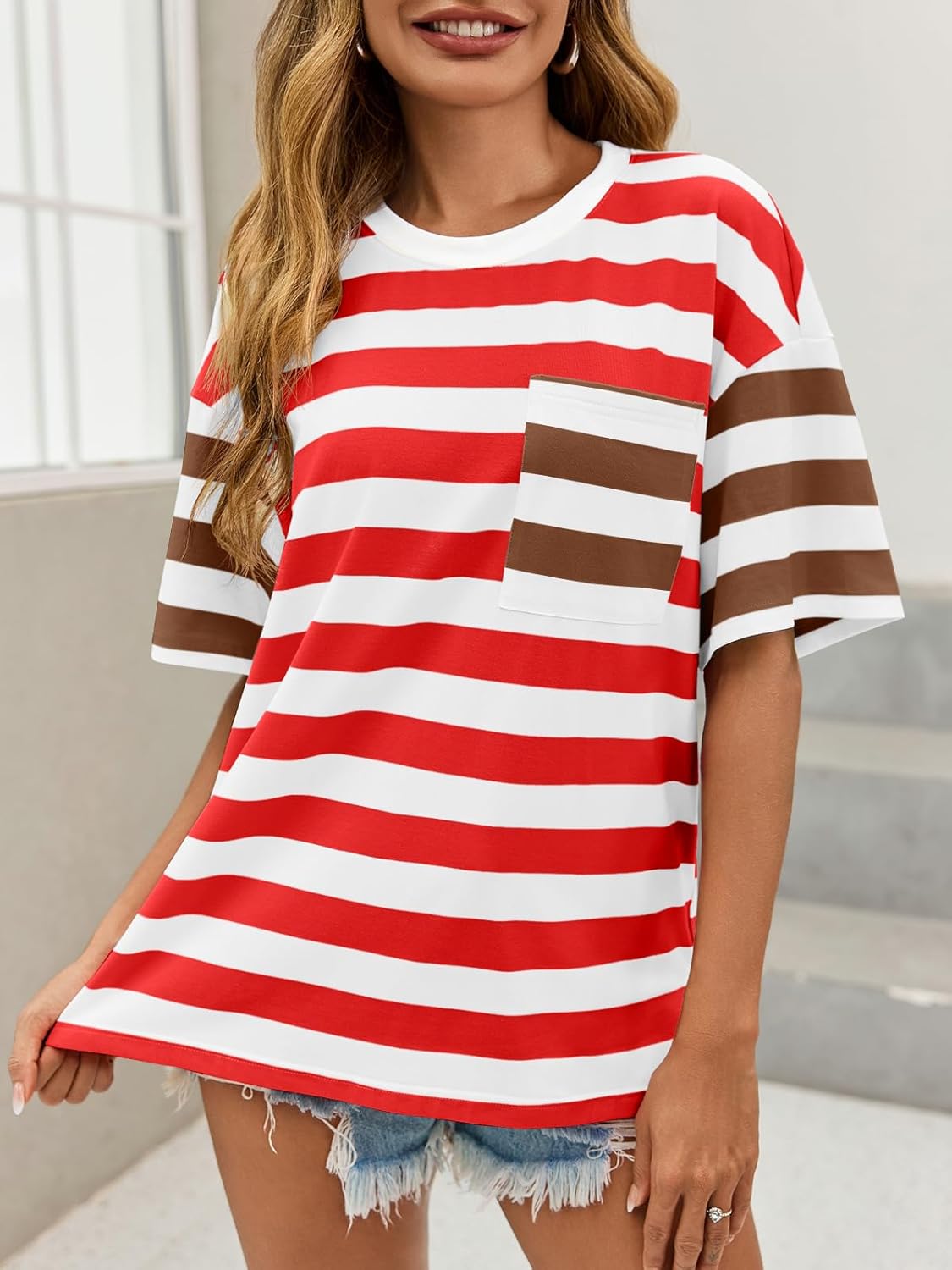 Womens Oversized Color Block Striped Tshirts Summer Casual Short Sleeve Tops Loose Fit Crew Neck Shirts - Image 6