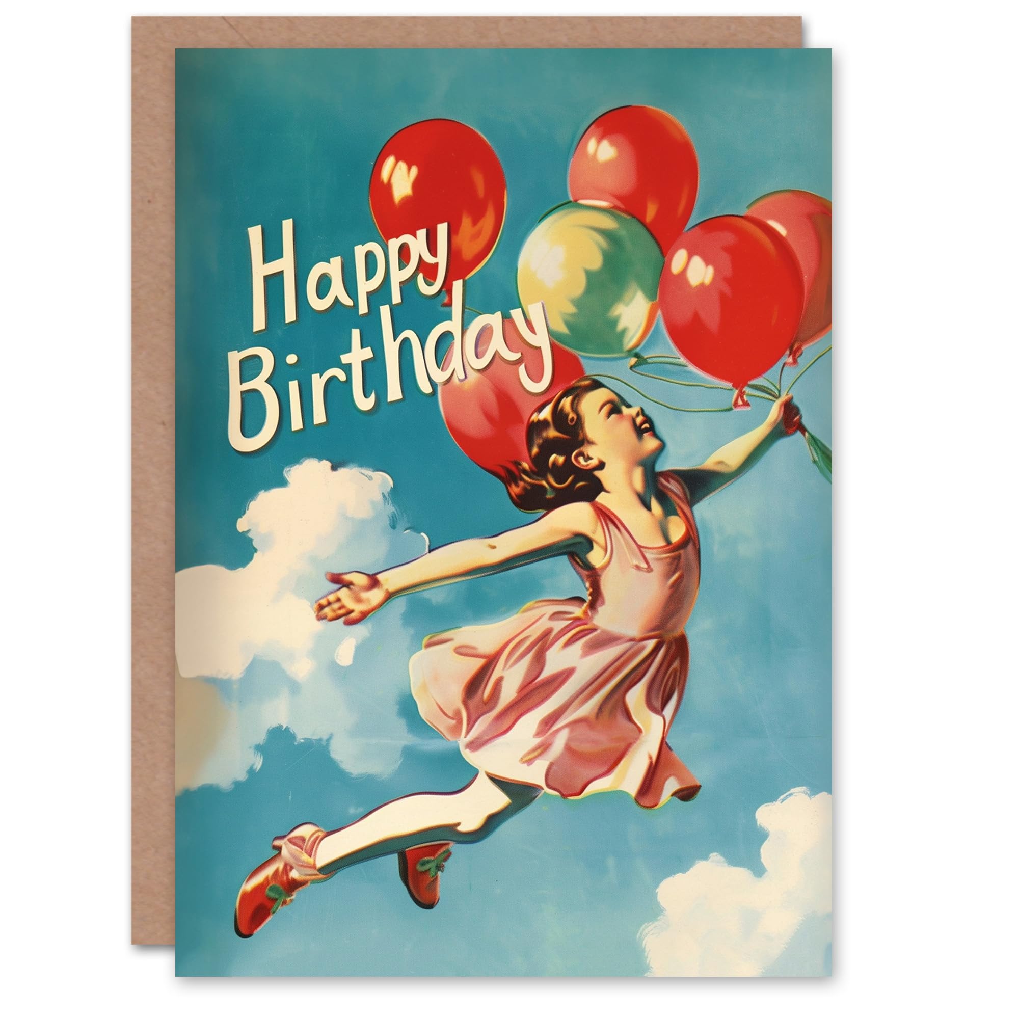 Artery8 Birthday Card Happy Flying Balloon Girl Retro Painting For Her Gran Sister Niece Daughter Wife Woman Greeting Card