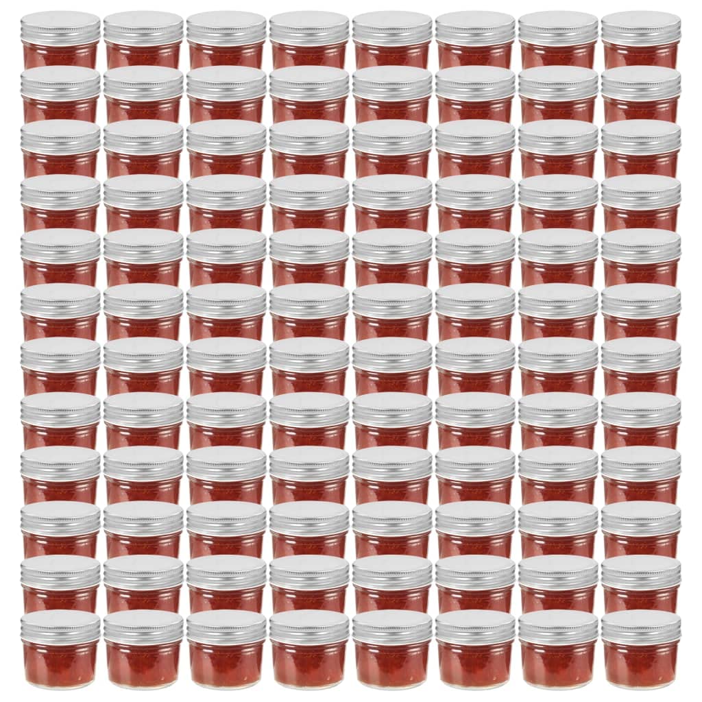 Juego de 96 tarros de cristal de 110 ml con tapa de rosca plateada, pequeños tarros de almacenamiento para mermelada, chutney, especias y delicatessen, tarros vacíos para llenar