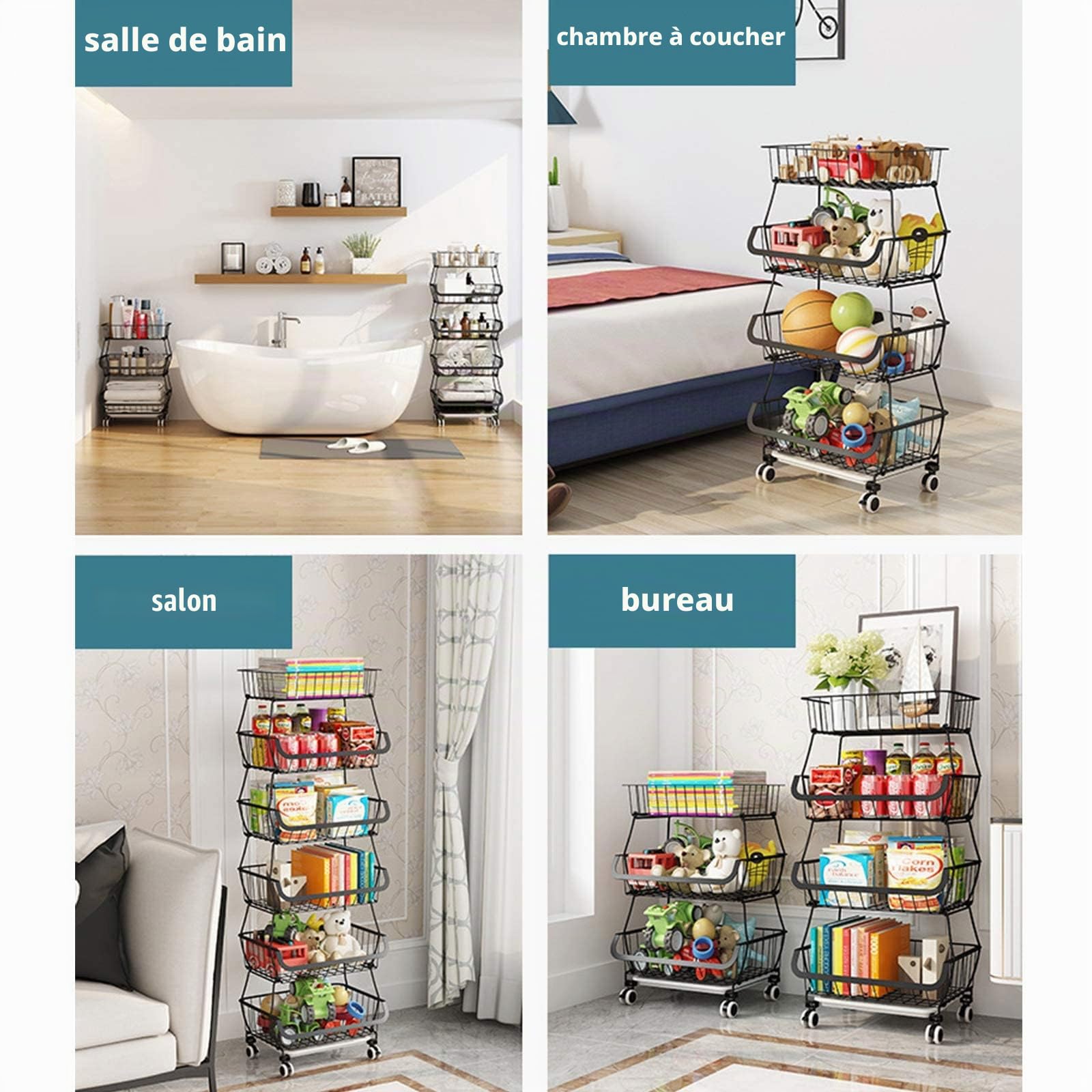 CarolynDesign Paniers de Rangement de Cuisine en Fil de Fer Noir avec roulettes et Pieds, paniers de Rangement empilables pour légumes