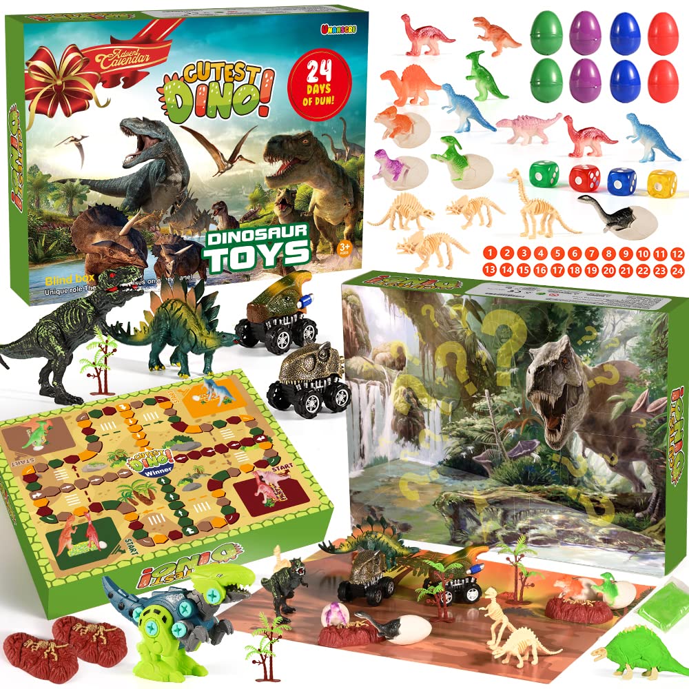 unanscre Dinosaur Advent Calendar 2021 for Kids, Christmas 24 Days Countdown Calendar with Dinosaur Figures&Eggs Toys, Fun Dino Chess Game w/ Colors Dice, Xmas Party Favors Gifts for Boys/Girls Age 3+