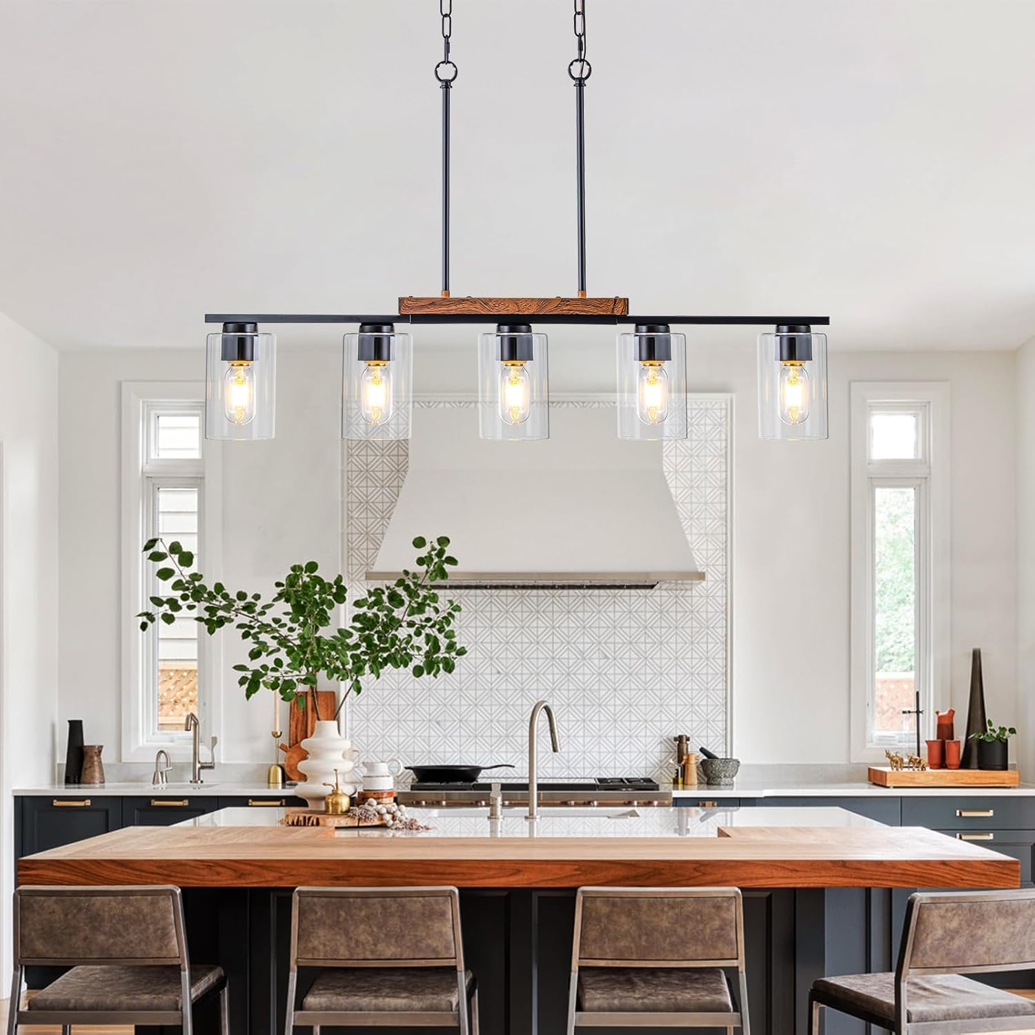 WILON Kitchen Island Lighting, 5 Lights Black Linear Chandeliers Modern Farmhouse Chandelier with Glass Shades for Kitchen Island Living Dining Room Foyer Bedroom(Black,5 Lights)