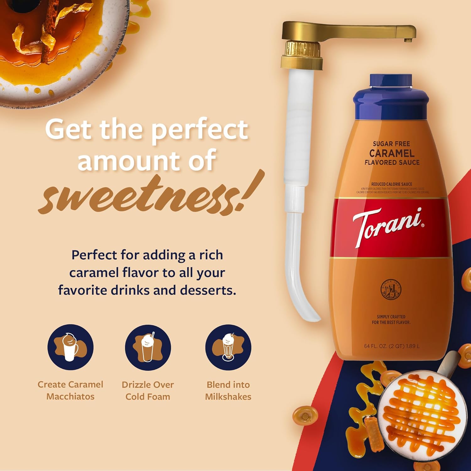 Torani Sugar Free Caramel Sauce for Crafting Coffeehouse Drinks, Large Squeeze Bottle with Pump, 64 Fl Oz