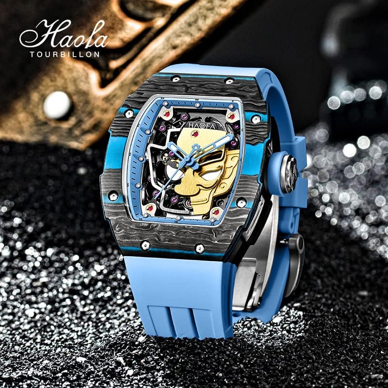Miniatura 3 de Haofa Reloj mecánico automático para hombre, esqueleto Sanxingdui, cara dorada, bisel de fibra de carbono, reloj de pulsera luminoso, zafiro,