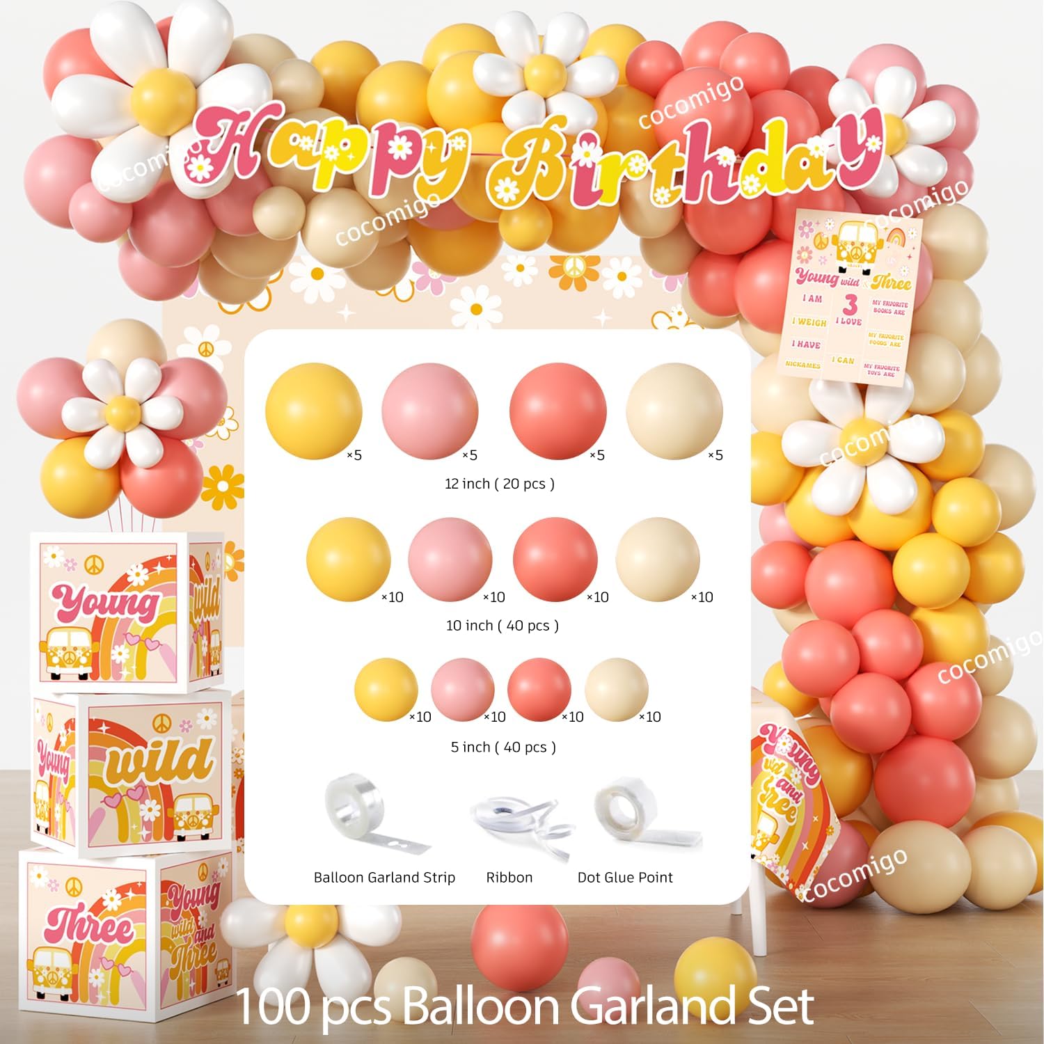 263pcs Young Wild and Three Party Decorations, Boho Groovy Daisy 3rd Birthday Decorations for Girls with Balloon Arch Tableware Backdrop Banner Tablecloth Cake Topper Balloon Box, Etc. Serves 20 - Image 8