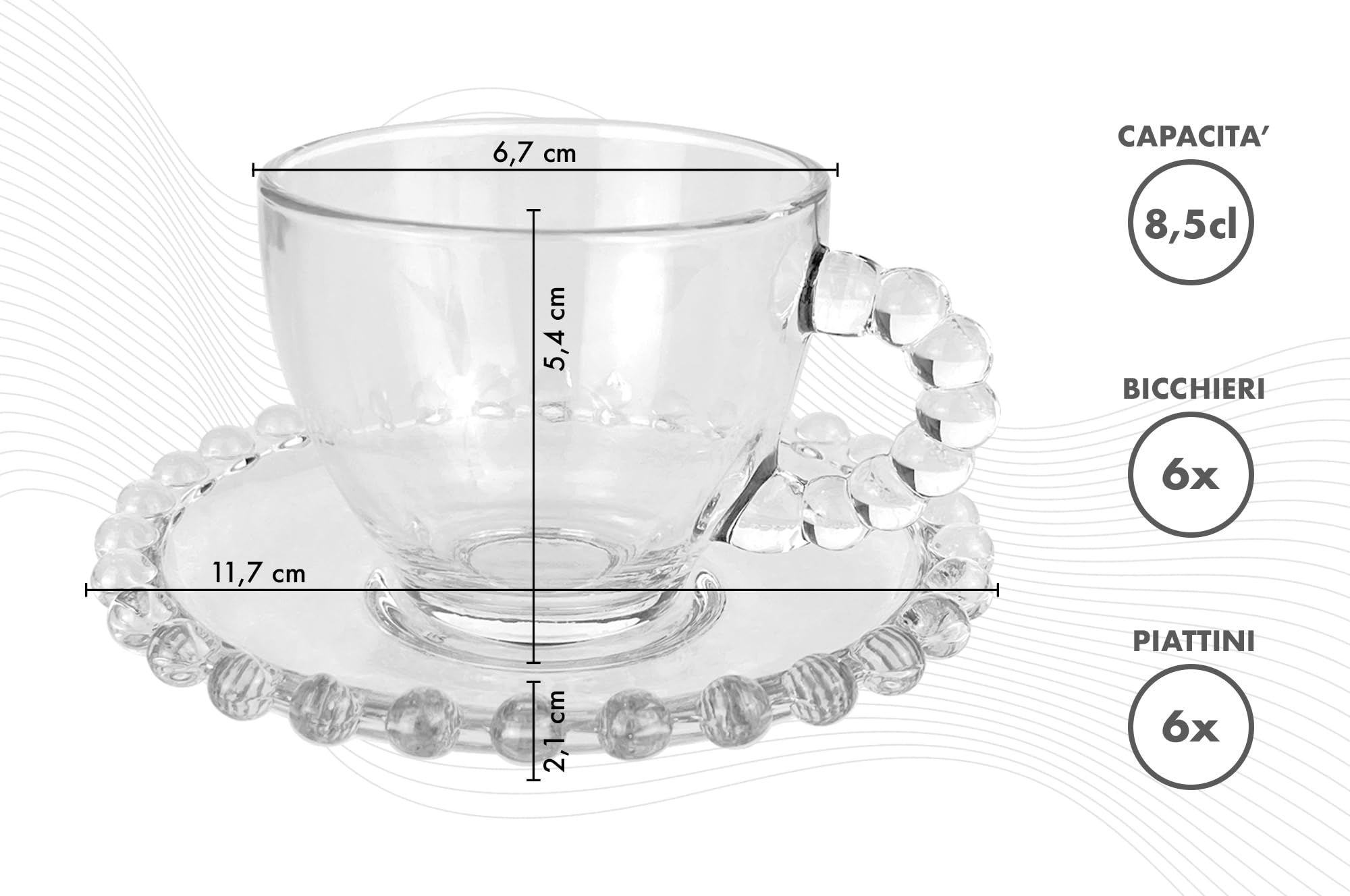 Set 6 Tazzine Caffè In Vetro Con Piattino Eleganti 85 ML Lavabili In Lavastoviglie Trasparenti Certificate Contatto Alimentare In Elegante Confezione Regalo Ricamate Tazza Servizio Bicchierini Amburgo